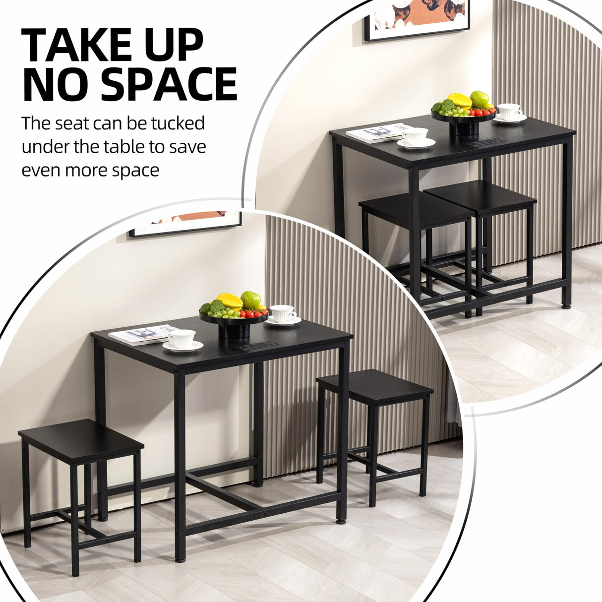 Finnhomy 3-Piece Dining Table Set, Small Kitchen Table with 2 Chairs, LED Light and USB Type-C Power Outlet, Space-Saving Design for Dining Room, Living Room, Apartment, Rustic Black Finnhomy