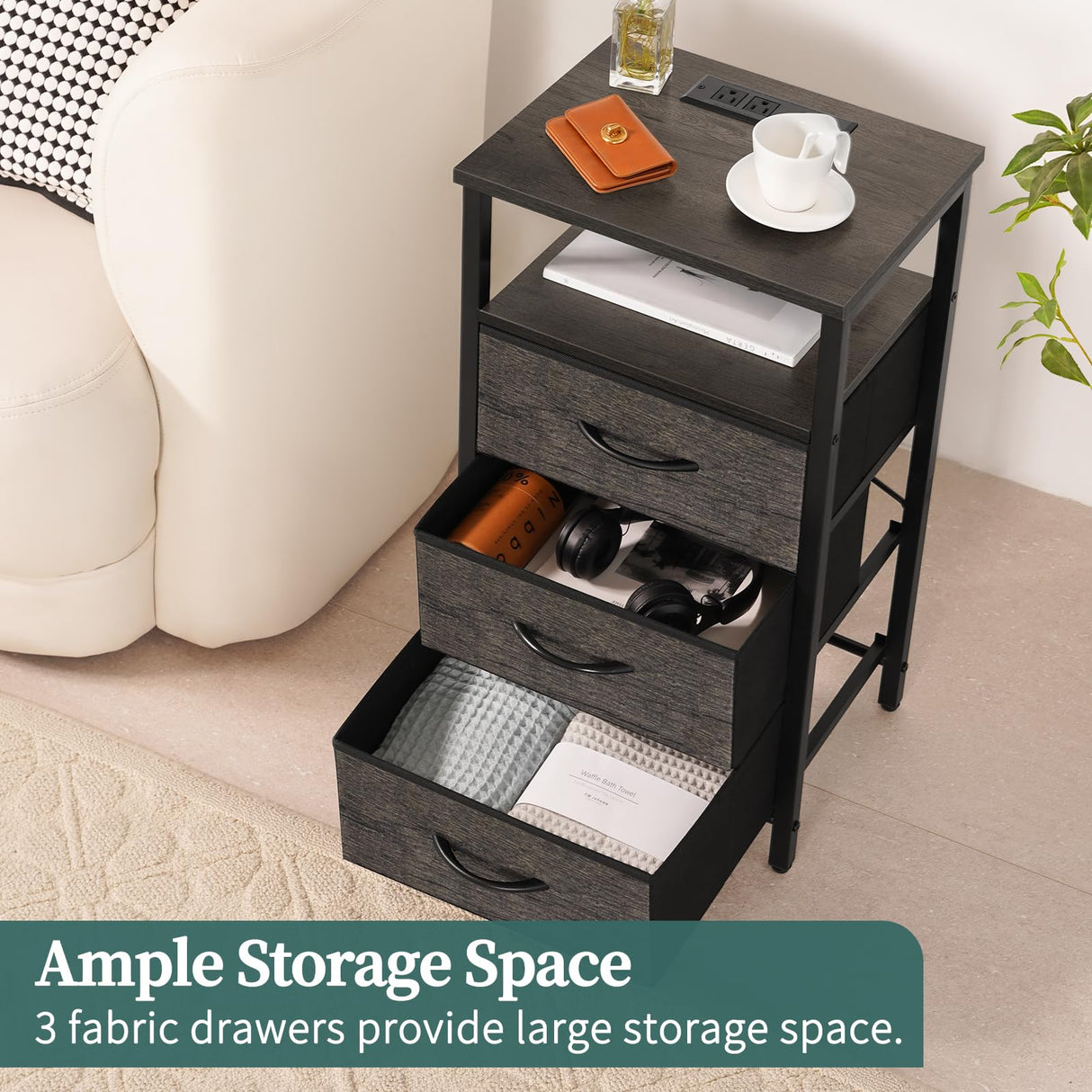 Yoobure Night Stand with Charging Station, 20 Colors LED Nightstand with USB Ports and Outlets, End Table with 3 Fabric Drawers and Storage Shelf, Bedside Tables Small Dresser for Small Space, Gray Yoobure