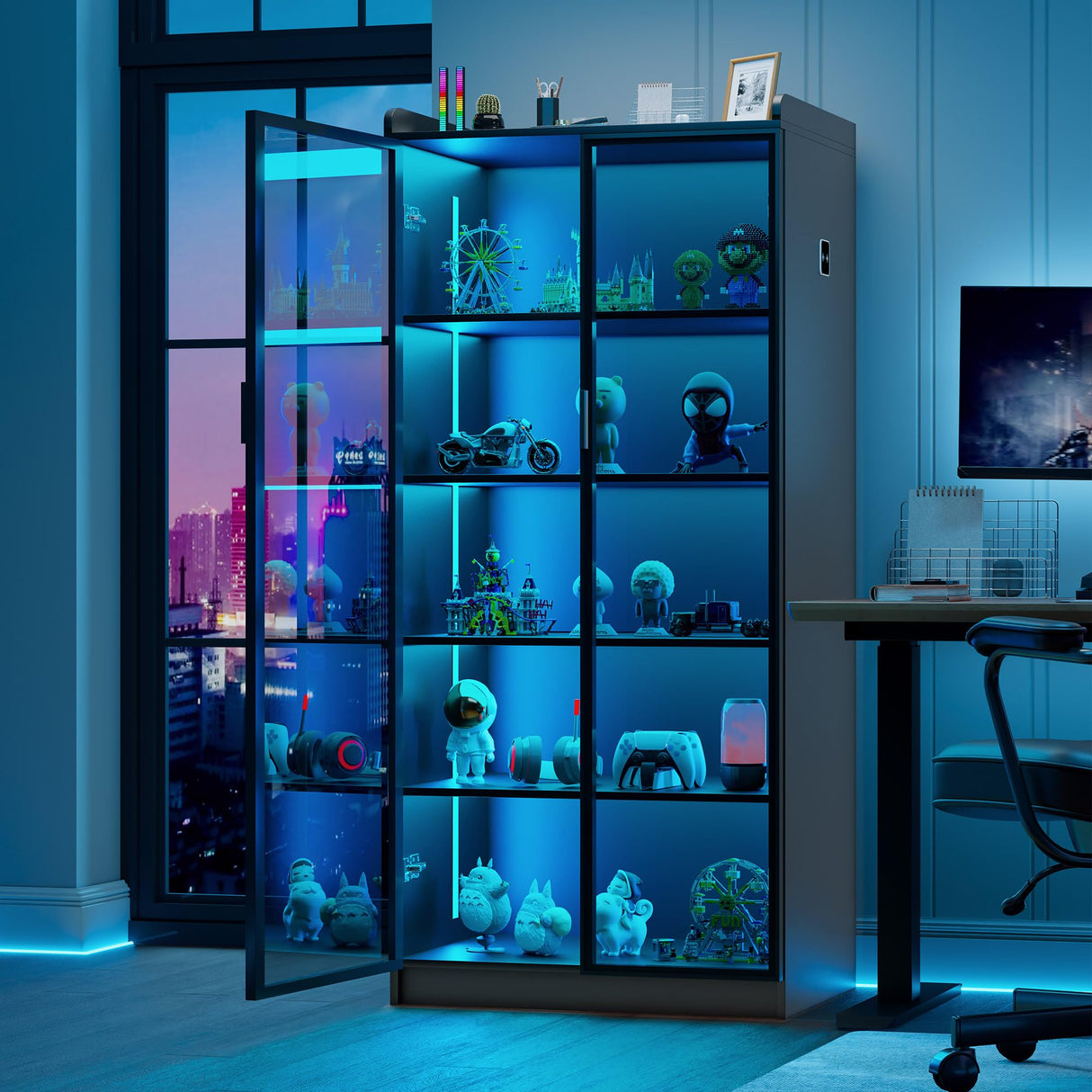 Lvifur Tall Storage Cabinet up to 70", LED Living Room Curio Cabinet with Human Body Induction, 5 Tier Bookcase Display Cabinet with Adjustable Shelves for Office (Black) Lvifur