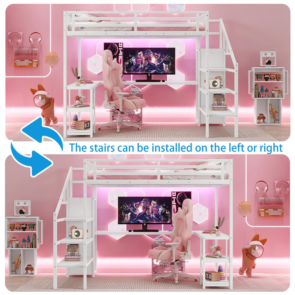 Queen Size Loft Bed with Desk,Metal Heavy Duty Queen Loft Beds with Stairs,Wardrobe and Shelves, High Gaming LoftBed with LED Light and USB Charging Station for Adults,Teens, White Mirightone