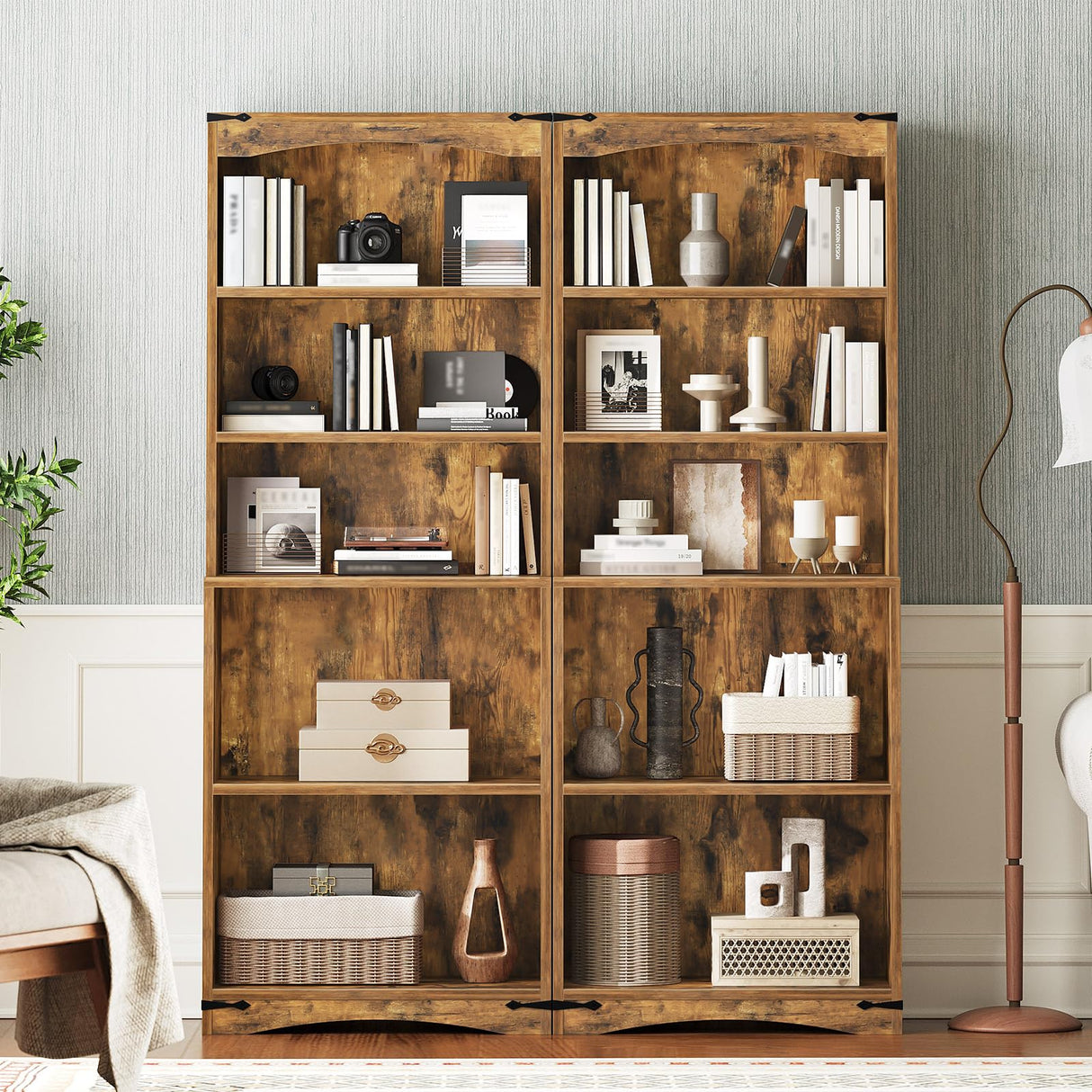 YATINEY Tall Bookcase and Bookshelf, 6-Tier Bookcase with Storage, 63" Wooden Bookshelf, Farmhouse Freestanding Display Storage Shelves for Home Office, Living Room, Rustic Brown SJ09BR YATINEY