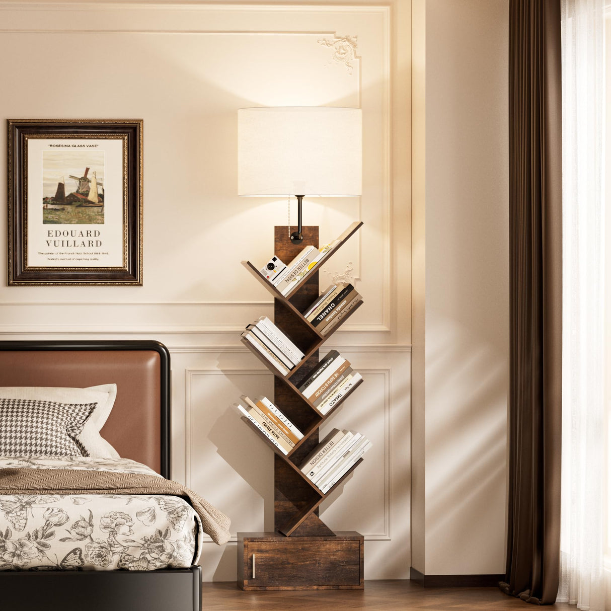 Tree Bookshelf with Light, 6 Tier Narrow Bookcase with Storage Cabinet, Tall Corner Book Shelf for Small Spaces, Vertical Floor Standing Organizer for Bedroom Living Room Home Office, Rustic Brown INNOD