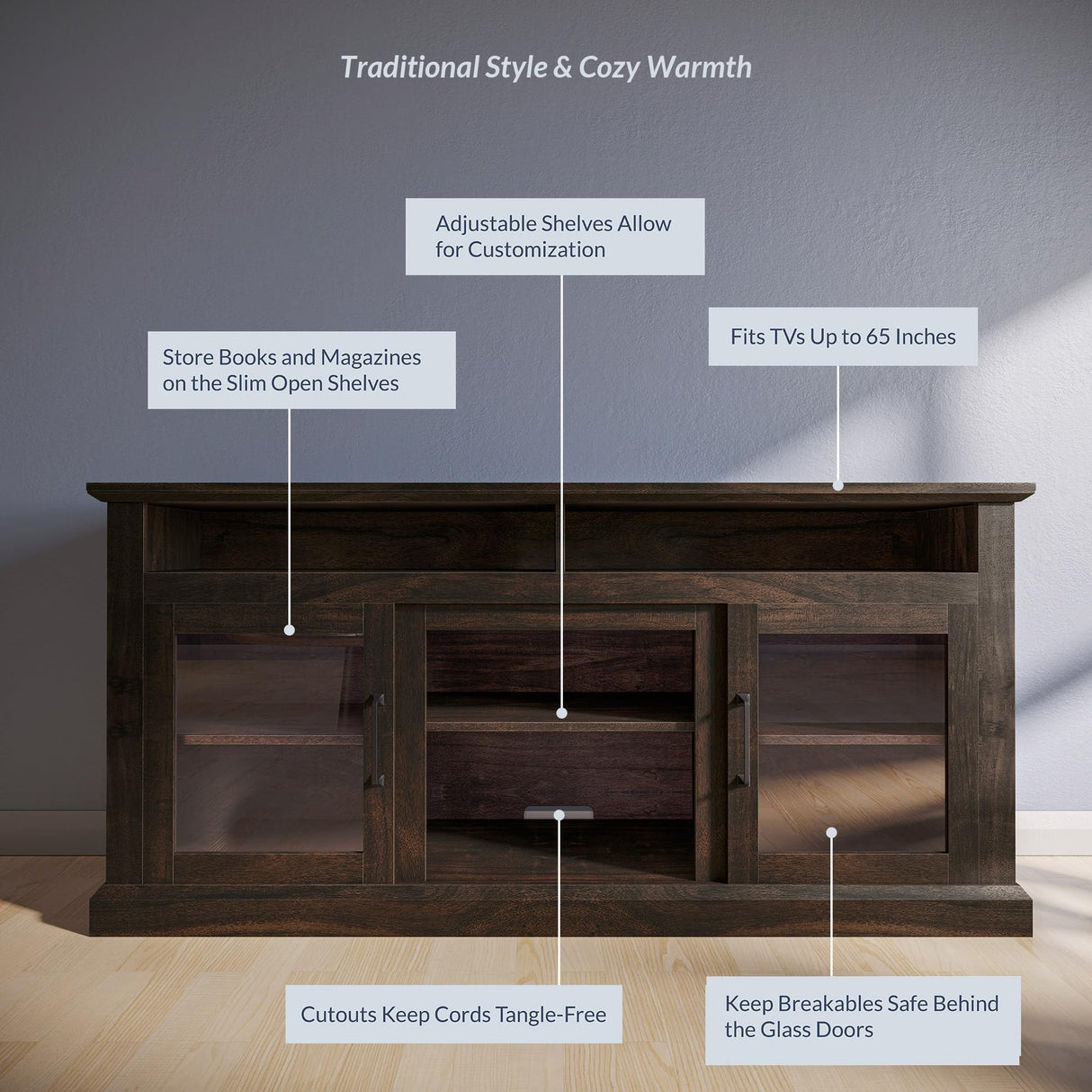 BELLEZE Modern 60 Inch Traditional TV Stand & Media Entertainment Center Console Table for TVs up to 65 Inches with Open Storage Shelves & Cabinets - Cayman (Brown) BELLEZE