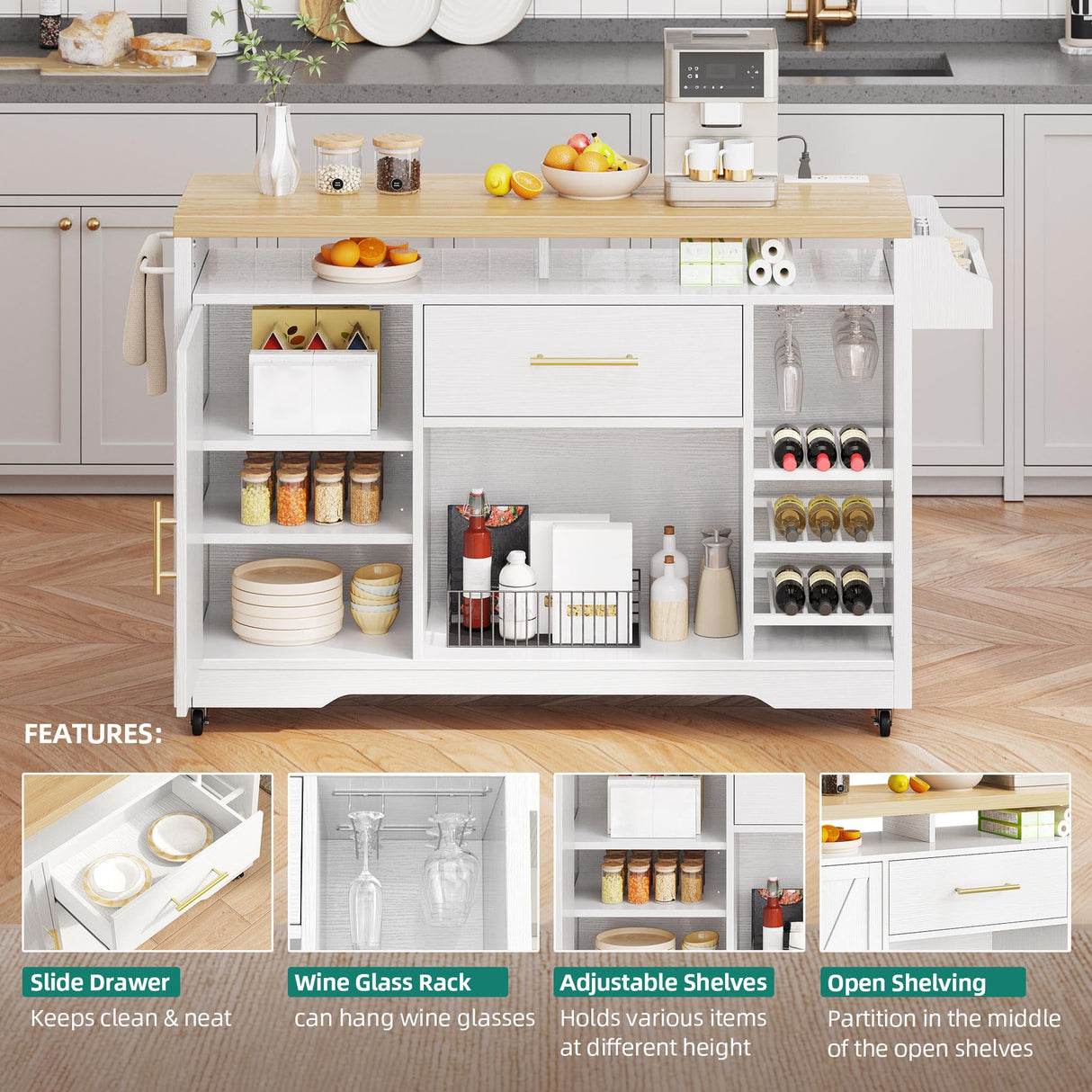 YITAHOME Large Kitchen Island with Power Outlet, Rolling Kitche Cart with Wine Rack, Mobile Storage Islands with Spice Rack Glass Holder, Island Table on Wheels for Living Room, 50 Inch Wide, White YITAHOME