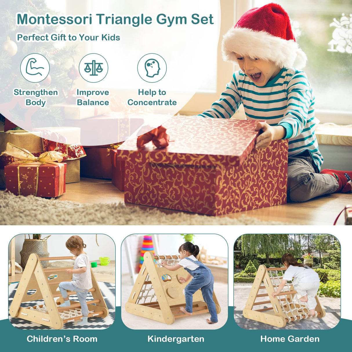 Costzon 4 in 1 Climbing Toy for Toddlers, 3-Sided Montessori Wooden Triangle Climber with Sliding Ramp, Climbing Net & Board, Kids Boys Girls Indoor Home Daycare Gym Playset Birthday Costzon