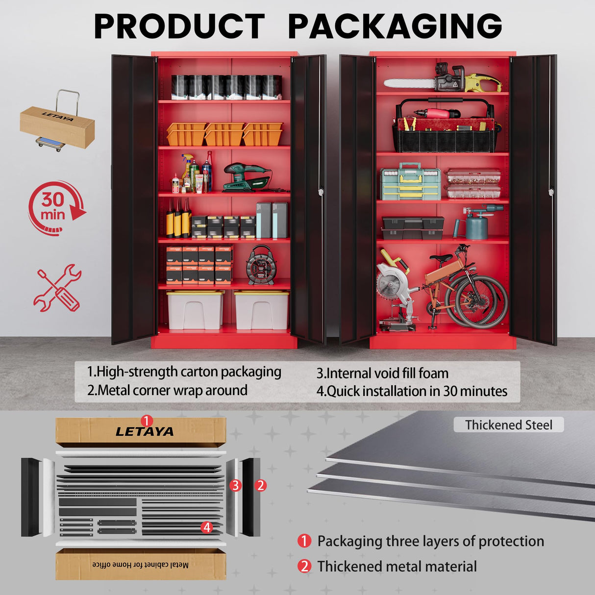 Letaya Metal Storage Cabinets with Lock, 71" Tall Locker Organizer Steel Cabinets, Adjustable Shelves 2 Doors for Home, Office, Warehouse,Garage,Industrial,Employee Lockers (Style B, Black Red) Letaya