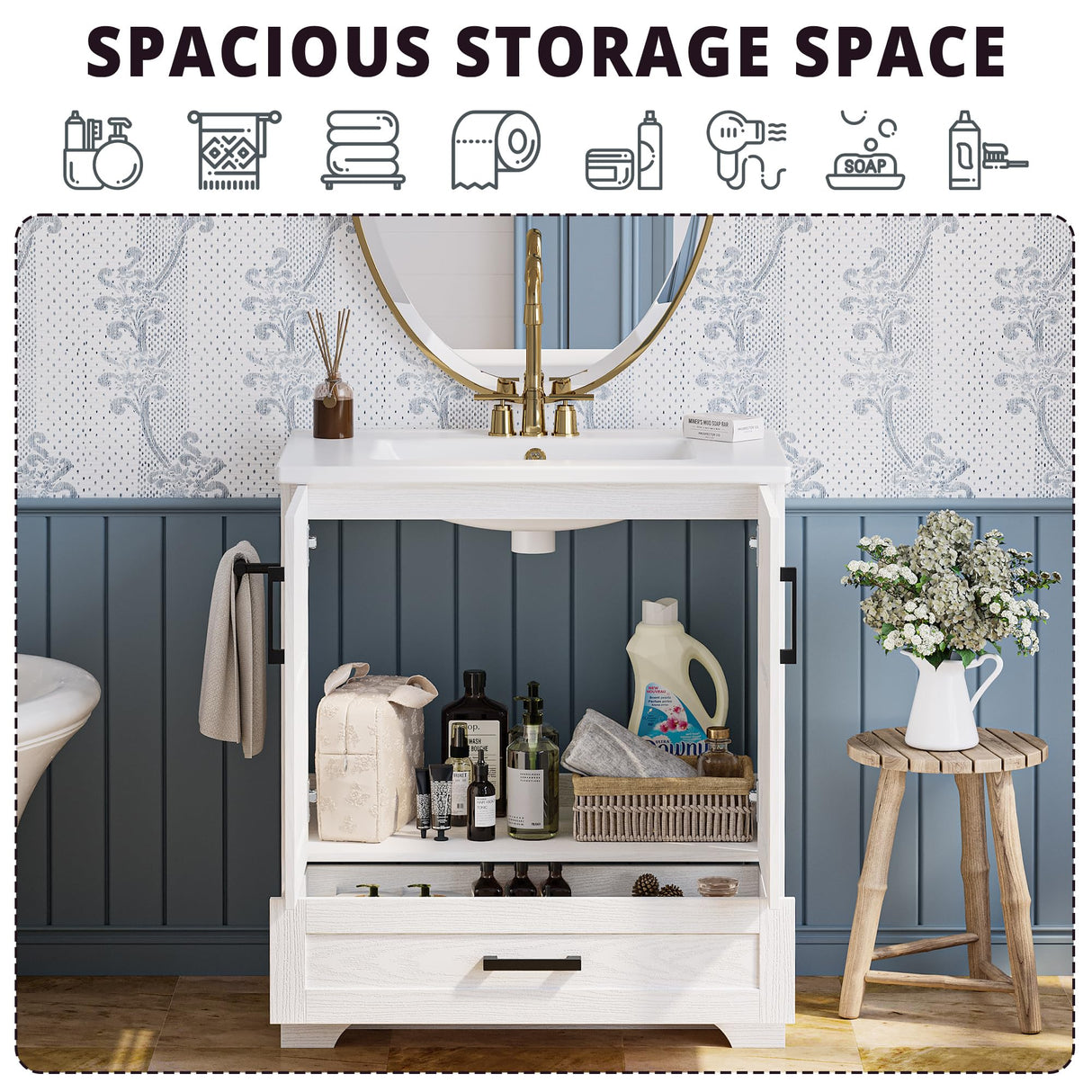 IRONCK Bathroom Vanity, 30" Bathroom Vanity with Sink, Farmhouse Wood Fixture Stand Pedestal Bathroom Cabinet with Drawer, Easy Assembly IRONCK