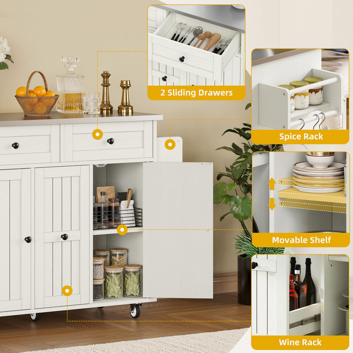 DWVO Kitchen Island with Seating, Mobile Kitchen Storage Island with Drop Leaf Countertop, Large Kitchen Island Table with Drawers, Cabinets, Bar Stools, Towel Rack and Spice Rack, White DWVO