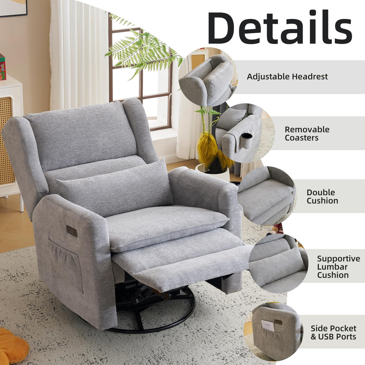 Rhevoy Oversized Swivel Rocker Recliner Chair, 26" Extra Wide Glider Nursery Chair with Adjustable Headrest, Chenille Power Recliner Rocking with Double Cushion, Cup Holder, Grey Rhevoy