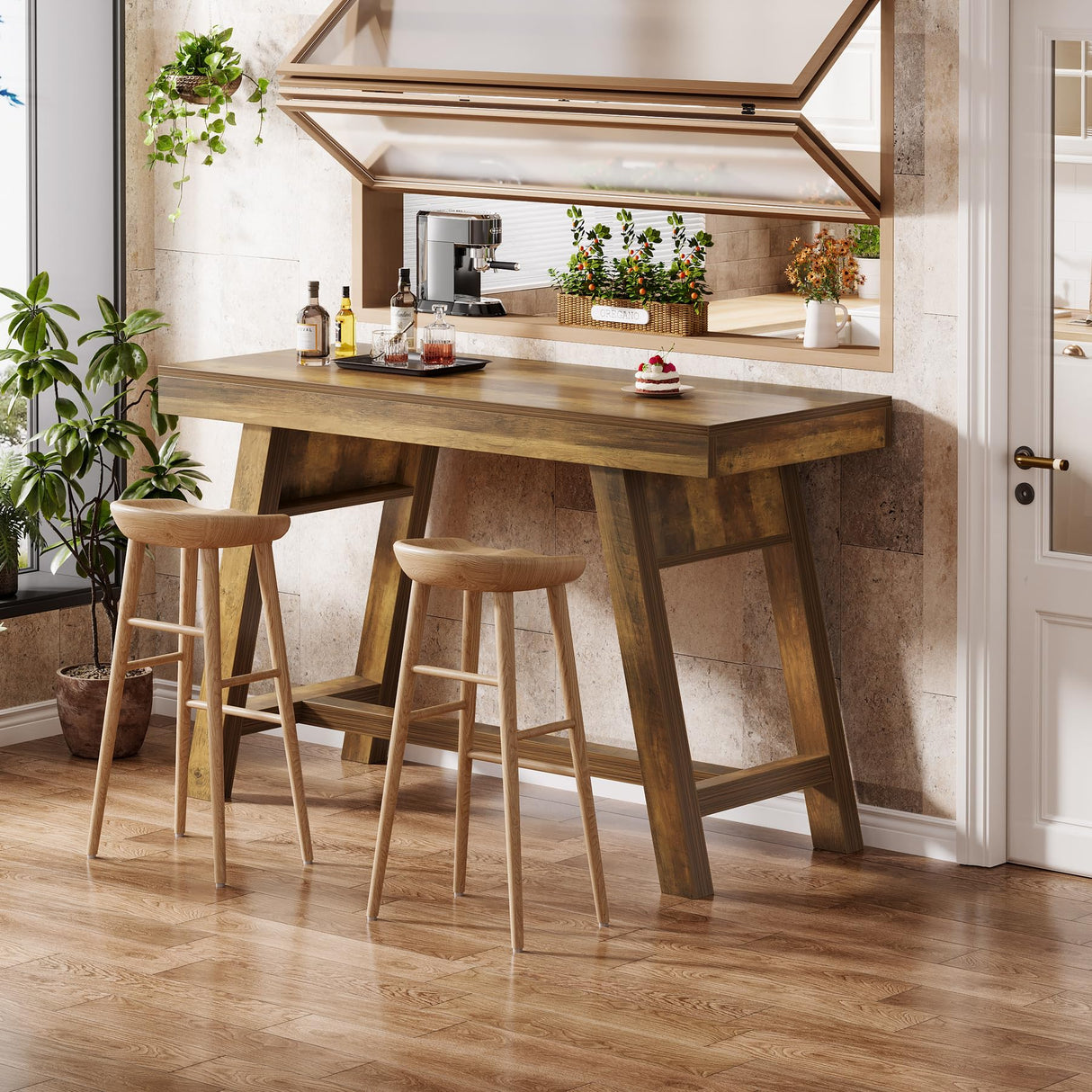 Tribesigns 55.12-Inch Bar Table, Rectangular Home Bar Unit with Stable Trestle Legs, Modern Vintage Counter Height Pub Table for Home Kitchen, Living Room, Balcony, Basement, Rustic Brown Tribesigns