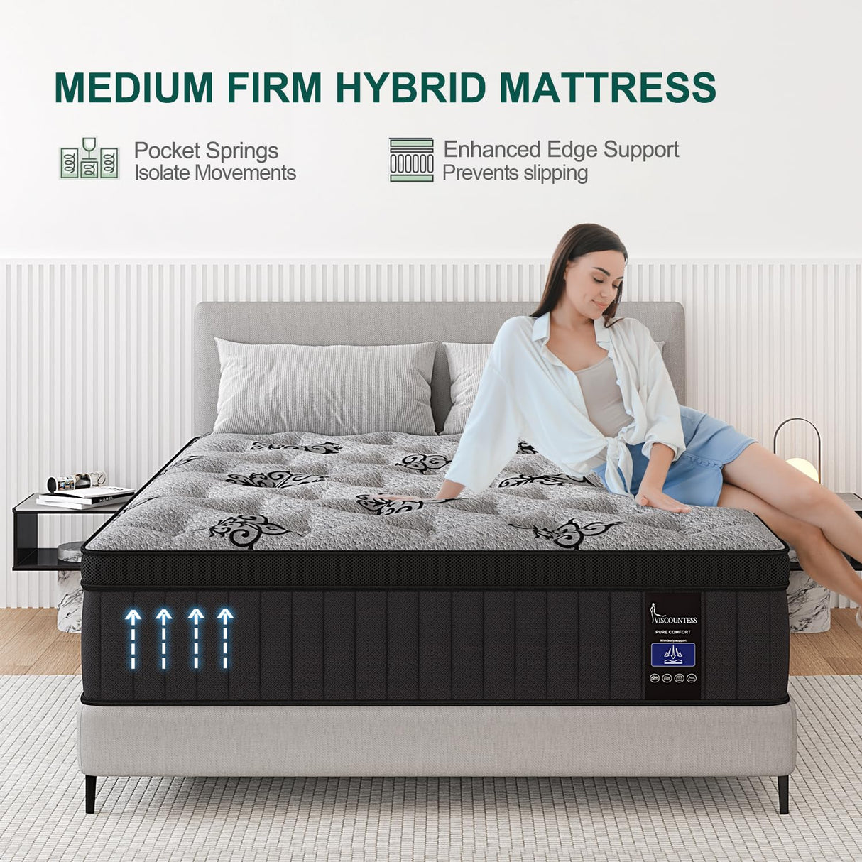 VISCOUNTESS King Mattress, 9 Inch Hybrid Mattresses Bed in a Box with Gel Memory Foam & Pocket Spring, Euro Top, Medium Firm for Back Support & Pressure Relief, Motion Isolation, Grey VISCOUNTESS
