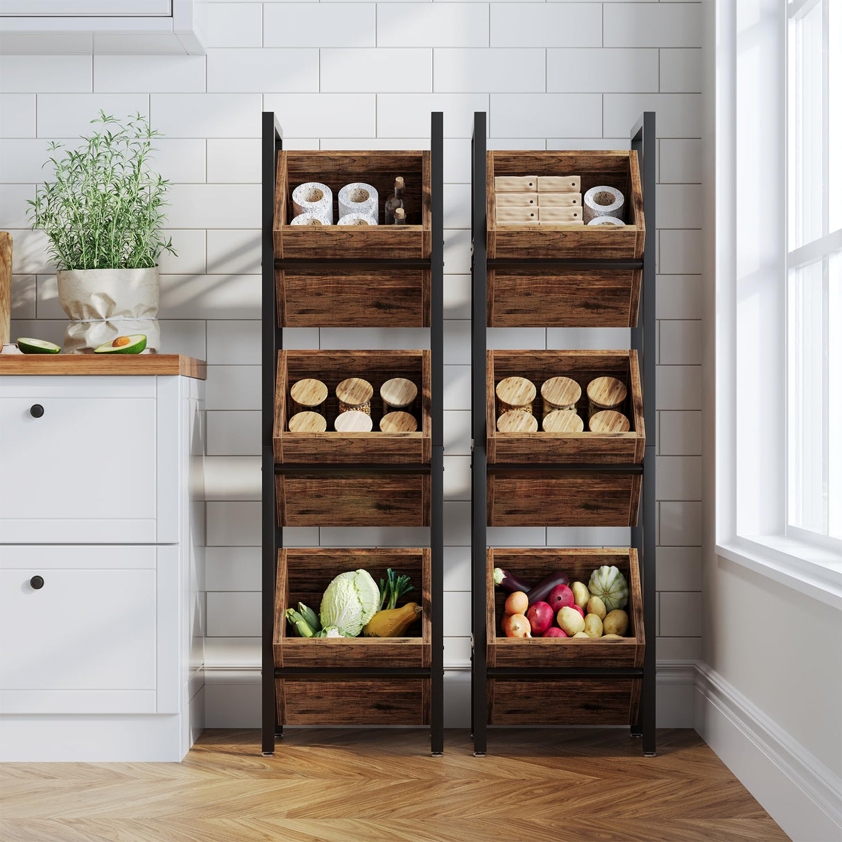 LITTLE TREE 3-Tier Basket Stand, Wooden Floor Stand Shelving Unit, Rustic Standing Organizer Storage Rack for Kitchen, Bathroom, Living Room LITTLE TREE