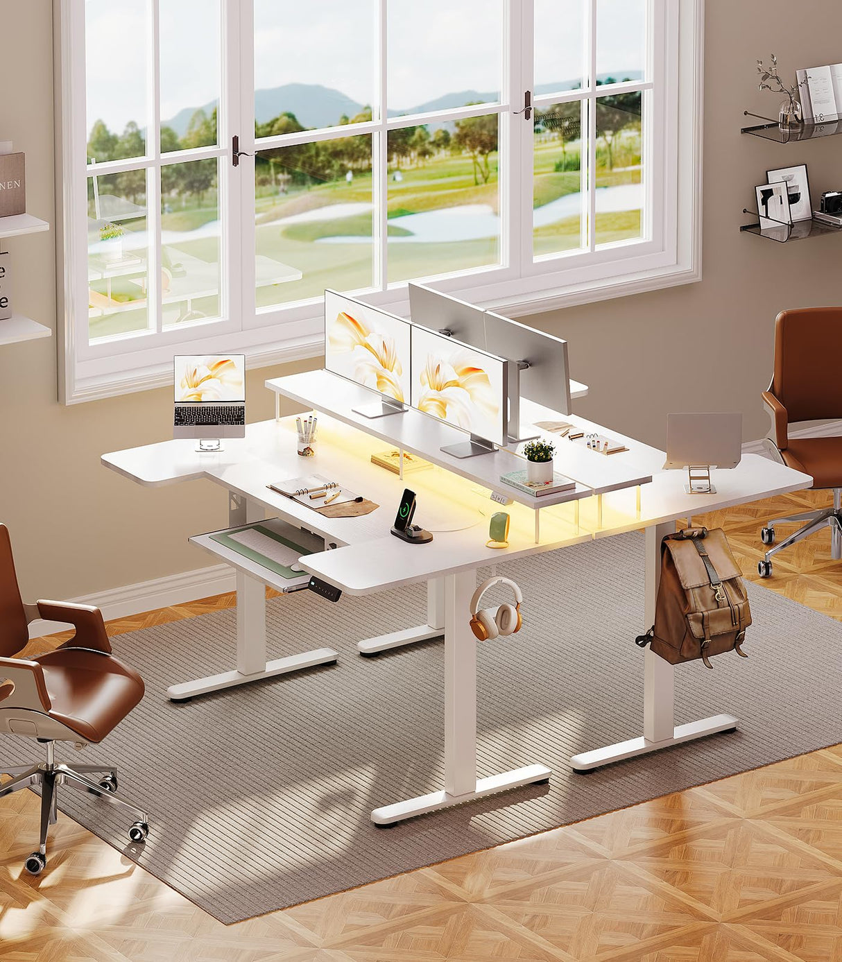 OffiGo U Shaped Electric Standing Desk with Keyboard Tray, 55 Inch Height Adjustable Desk with Power Outlets & LED Lights, Sit Stand Table with Monitor Stand for Home, Office, White OffiGo