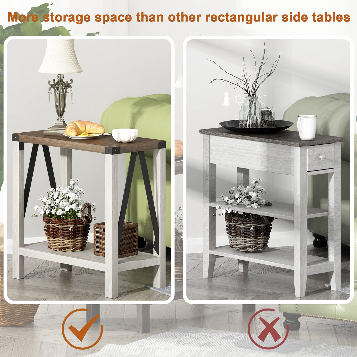 ChooChoo Farmhouse End Table for Small Spaces, Narrow Side End Table with Storage Shelf, Rustic A-Design Nightstand Sofa Table for Living Room, Bedroom (White & Brown) ChooChoo