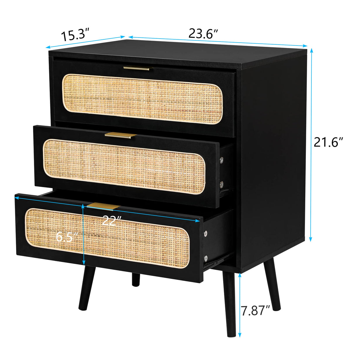 RARZOE 2 Sets of Rattan Nightstand Dresser Chest of 3 Drawers, Wood Storage Dresser Cabinet Organizer Unit for Bedroom Living Room Closet Office(Black) RARZOE