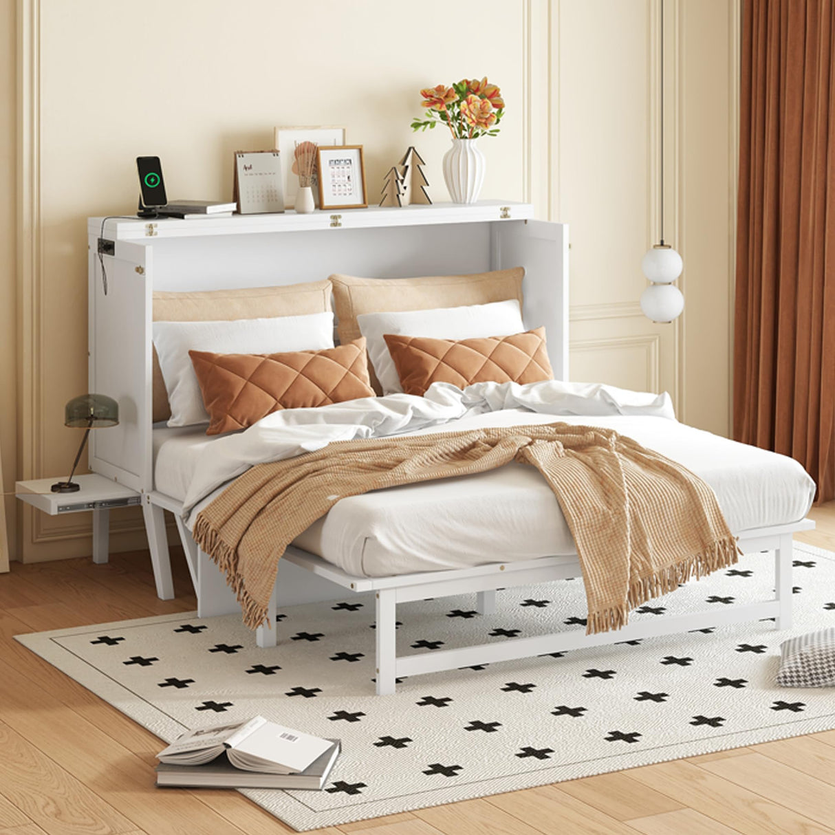 PVWIIK Queen Murphy Bed with Desk and Removable Shelves on Each Side, Murphy Bed Chest Murphy Bed Frame w/USB Port for Home Office, Studio or Guest Room,White PVWIIK