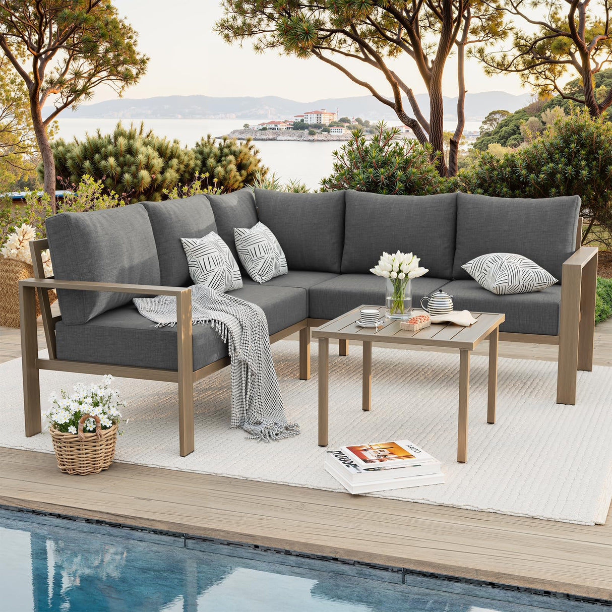 VONZOY 6 Pieces Patio Furniture Set, Wood-Look Metal Outdoor Sectional Furniture Conversation Set, L Shape Patio Couch with Side Table, 6.5" Thick Olefin Cushions for Garden, Backyard, Deck(Dark Grey) VONZOY