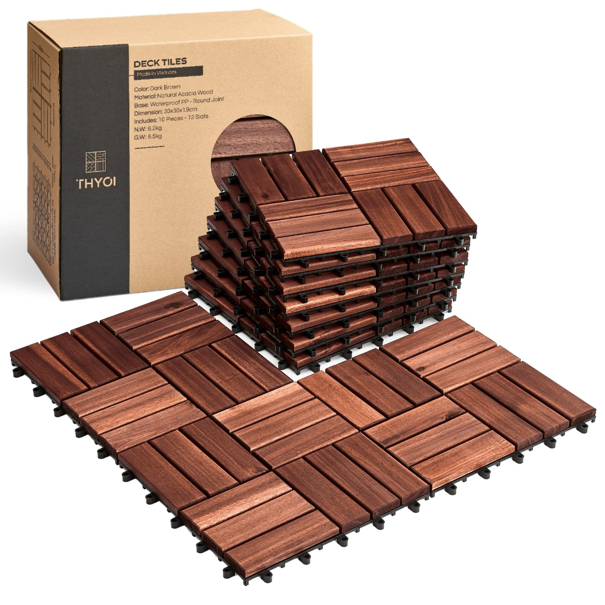 THYOI 10 Pcs Interlocking Deck Tiles 12" x 12", Patio Flooring Outdoor Waterproof, Acacia Wood Tiles All Weather, Floor Tiles for Balcony, Backyard, Indoor and Outdoor use (Round Joint, Dark Brown) THYOI