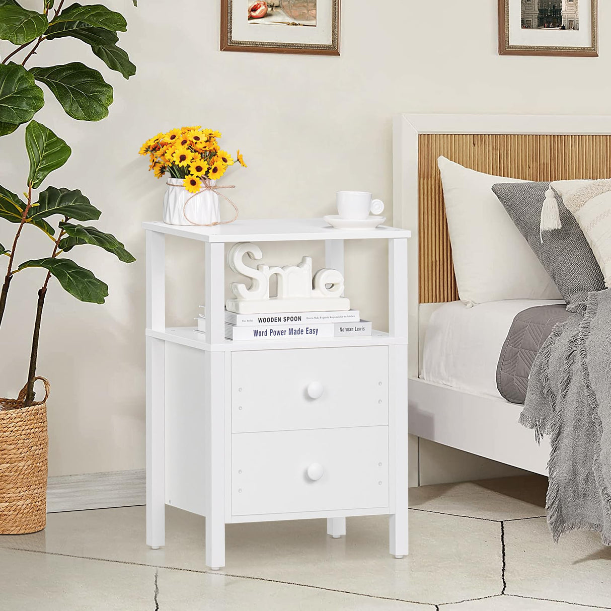 Lerliuo White Night Stand, Small Nightstand with 2 Wood Drawers and Storage Shelf, Modern Bedside Table with Wooden Frame, Rustic Couch Nightstand for Small Spaces, Narrow End Tables for Bedroom Lerliuo