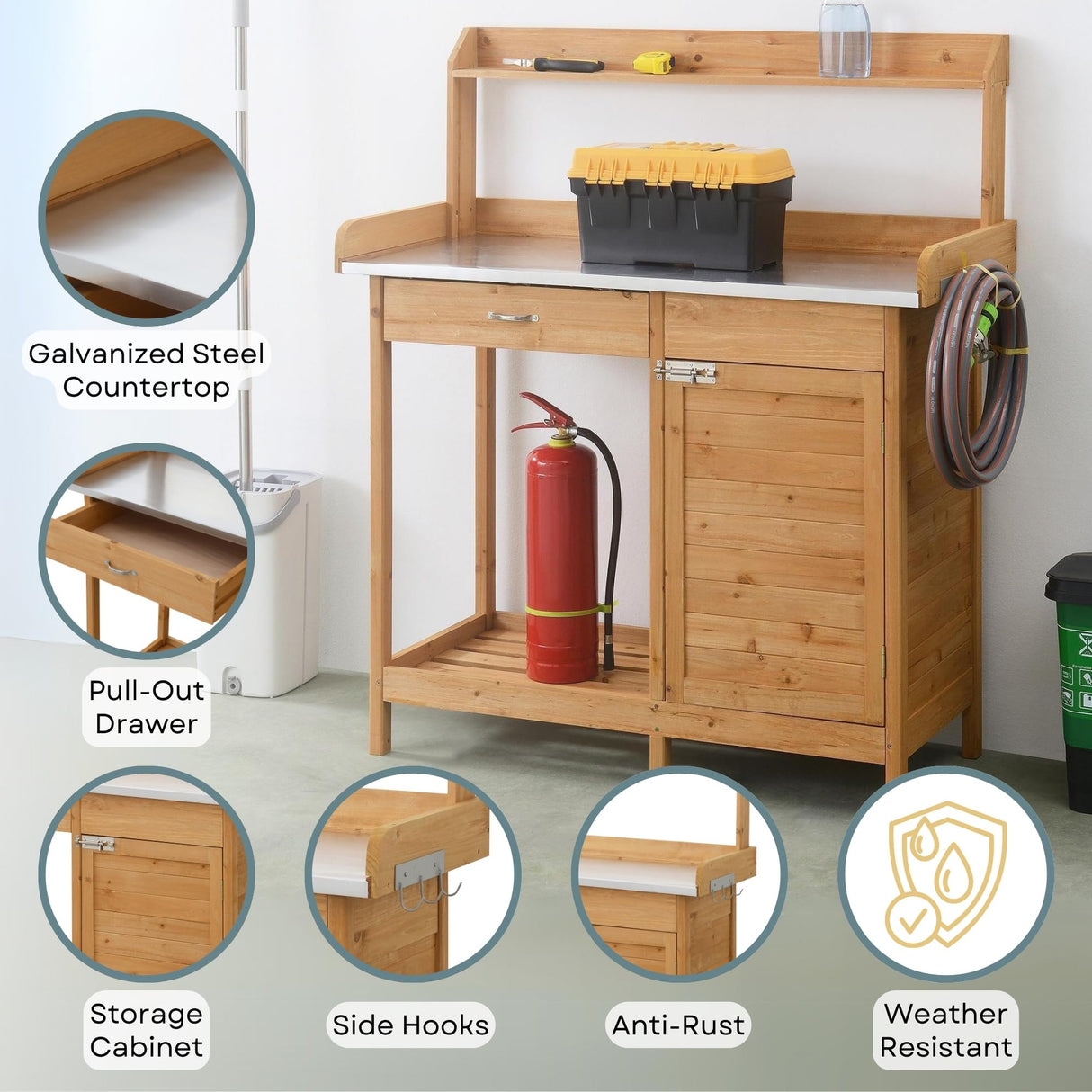 Convenience Concepts Deluxe 1 Drawer Potting Bench with Storage Cabinet and Shelves, Light Oak Convenience Concepts