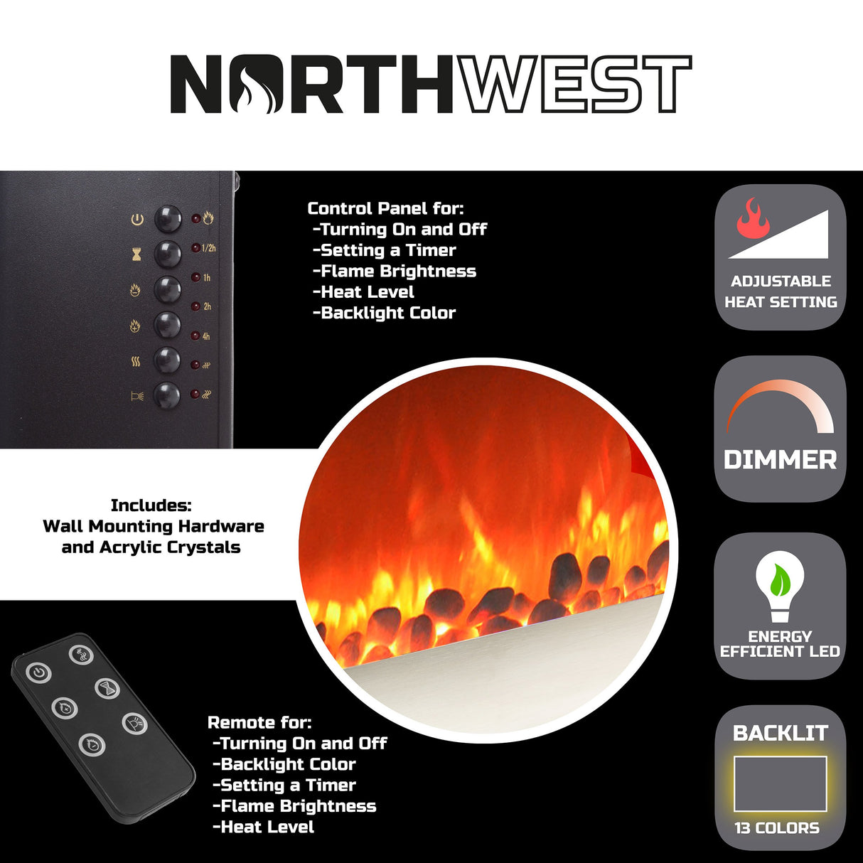 Electric Fireplace - 30 Inch Wall Mounted Fireplace - 13 Backlight Colors and Remote Controlled LED Flames, Heat, and Brightness by Northwest (Silver) Northwest