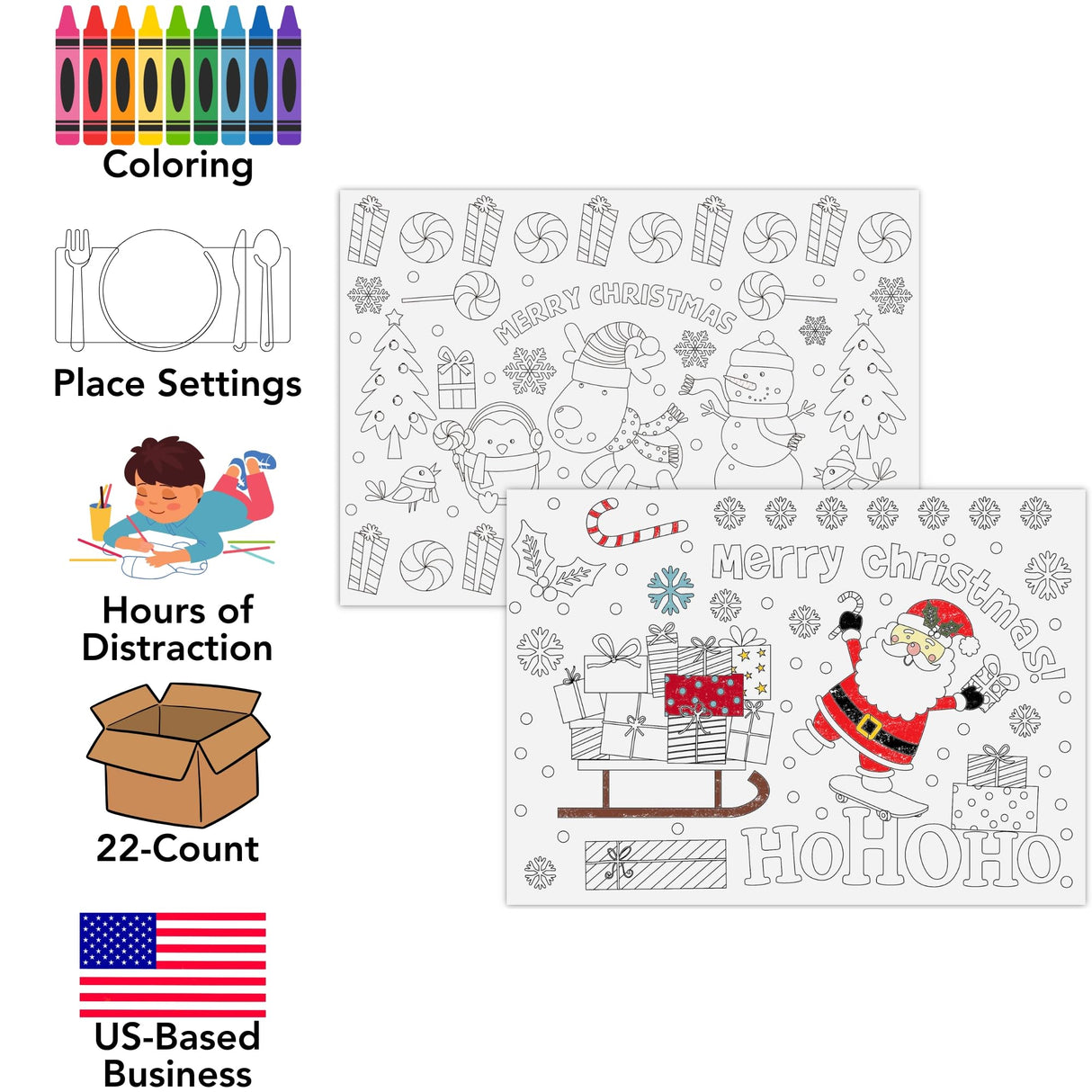 Iconikal Color-Your-Own 2-Sided Reversible Disposable Paper Place Mats, Christmas, 14 x 10-Inches, 22-Count Iconikal