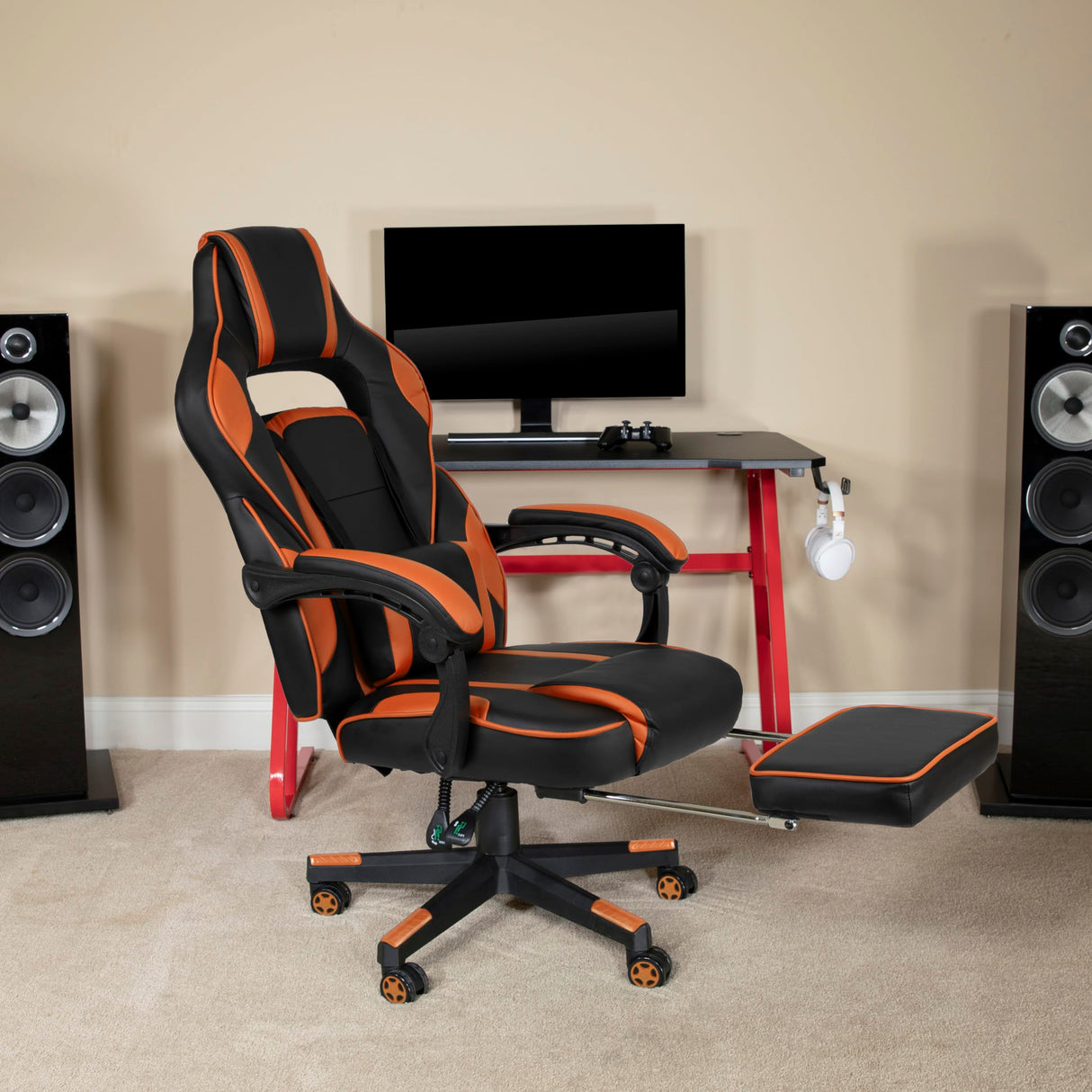Flash Furniture X40 Gaming Chair Racing Ergonomic Computer Chair with Fully Reclining Back/Arms, Slide-Out Footrest, Massaging Lumbar - Black/Orange Flash Furniture