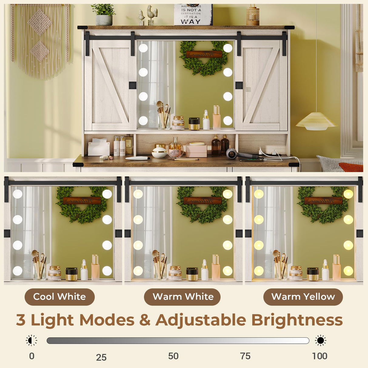 VIAGDO Farmhouse Makeup Vanity Desk with Sliding Door and Lights, Vanity Table with Charging Station & 2 Drawers, Rustic Big Vanity Table with Hooks/Shelves/Hidden Space for Bedroom VIAGDO