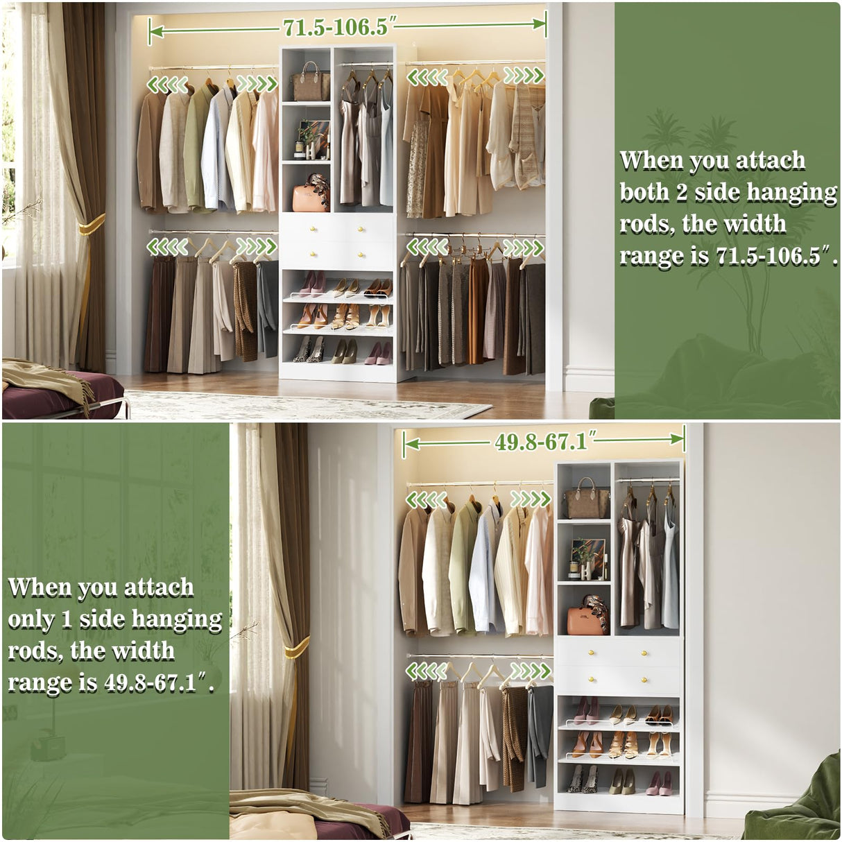 Besiost Closet System, 4.2–8.8 FT Closet Organizer with 2 Wooden Drawers and Shelves, Walk-in Closet System with 5 Hang Rods, Built-in Reach in Closet Tower, Can Fit 60 to 96 inch, White Besiost