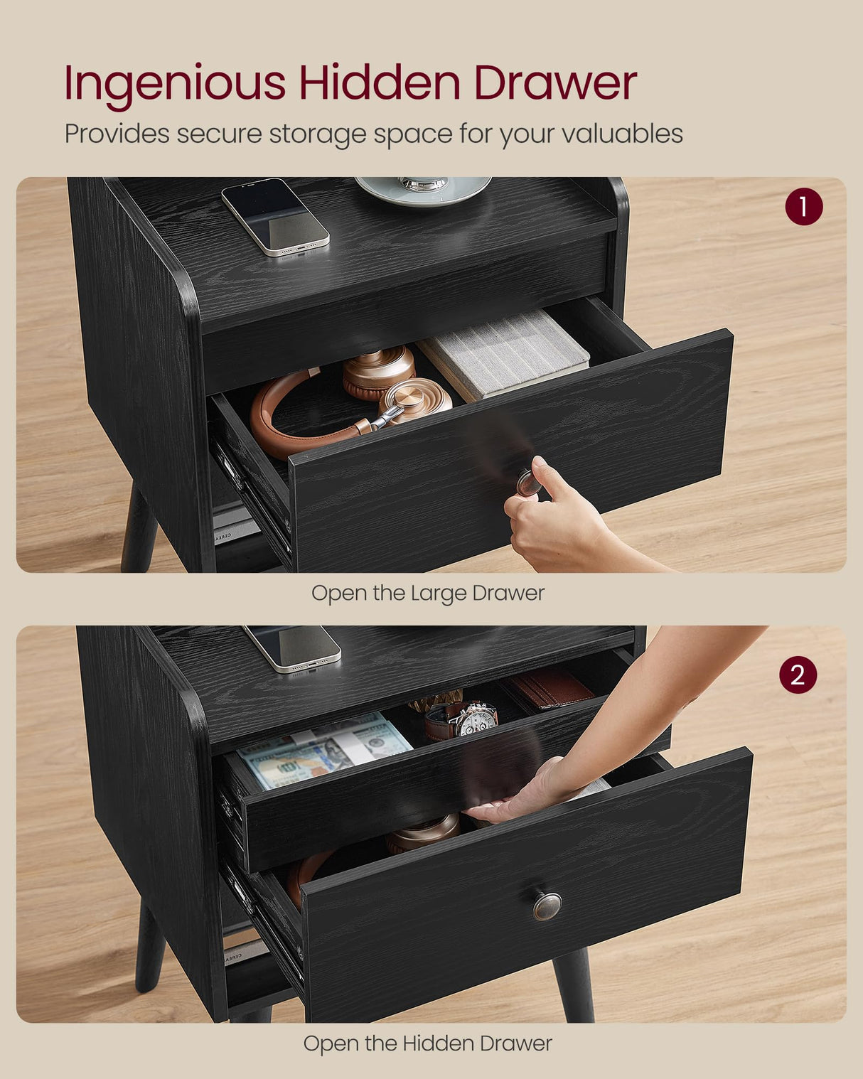 VASAGLE Nightstands, Set of 2, Bedside Tables with Hidden Drawers, Mid-Century End Tables, Ebony Black VASAGLE