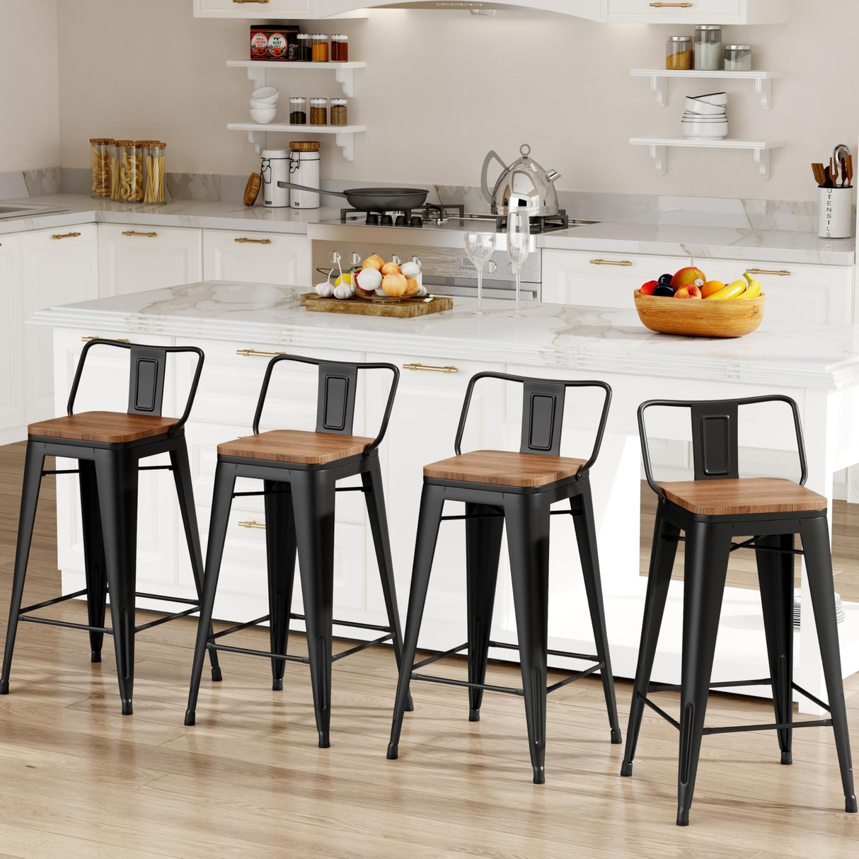 Changjie Furniture 24 Inch Bar Stools Set of 4 Industrial Metal Barstools Counter Height Bar Stool with Backs for Home Kitchen (24 inch, Black) Changjie Furniture