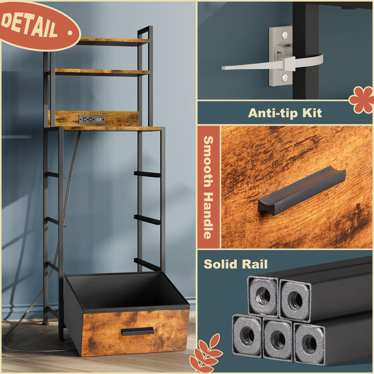 Nightstand 4 Drawer Dresser with LED Lights, Charging Station, Vertical Side Table with Fabric Drawers, End Table with 3 Open Shelves, Tall Dresser for Bedroom, Hallway, Entryway, Rustic Brown EKNKOZY