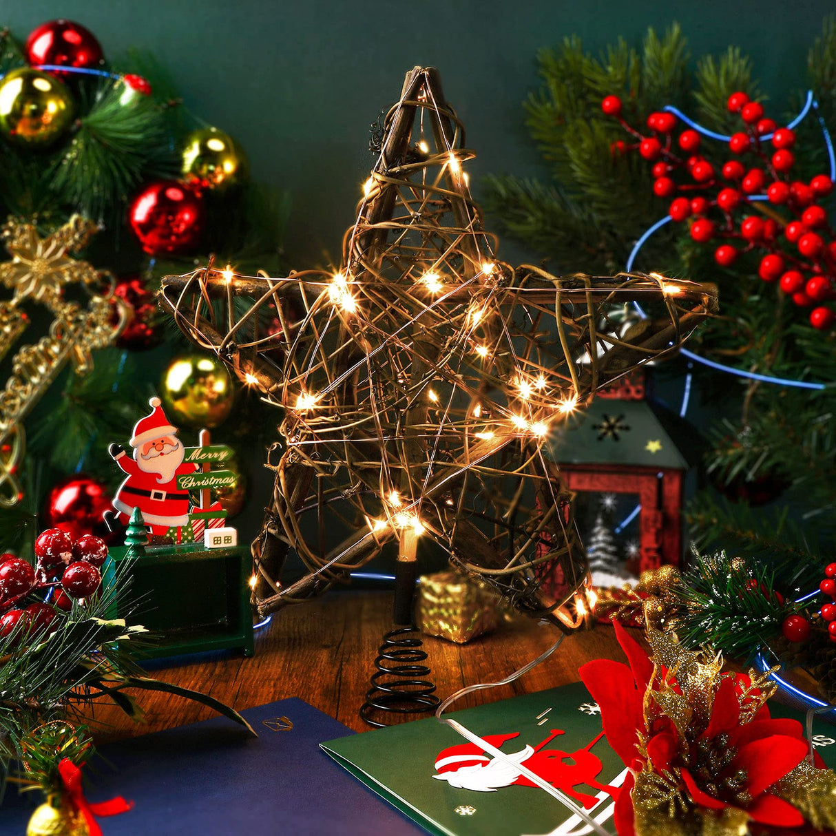 Star Tree Toppers Christmas Decorations Indoor Natural Brown Rattan Star Christmas Tree Topper Lighted Rustic Rattan Star Rustic Rattan Treetop Holiday Xmas Party Decorations (Warm White Light) Mudder