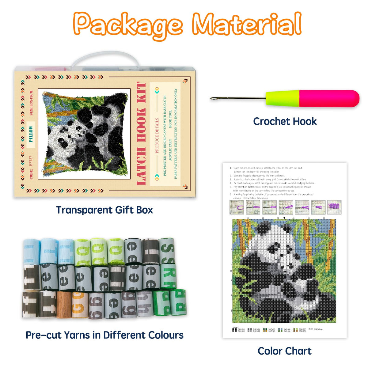 GemJelry Latch Hook Kits for Adults Kids DIY Animal Panda Pillow Cover Beginner Cross Stitch Kits with Preprinted Canvas Crochet Yarn Embroidery Hooking Kit Sofa Home Decor 17'' X 17'' GemJelry