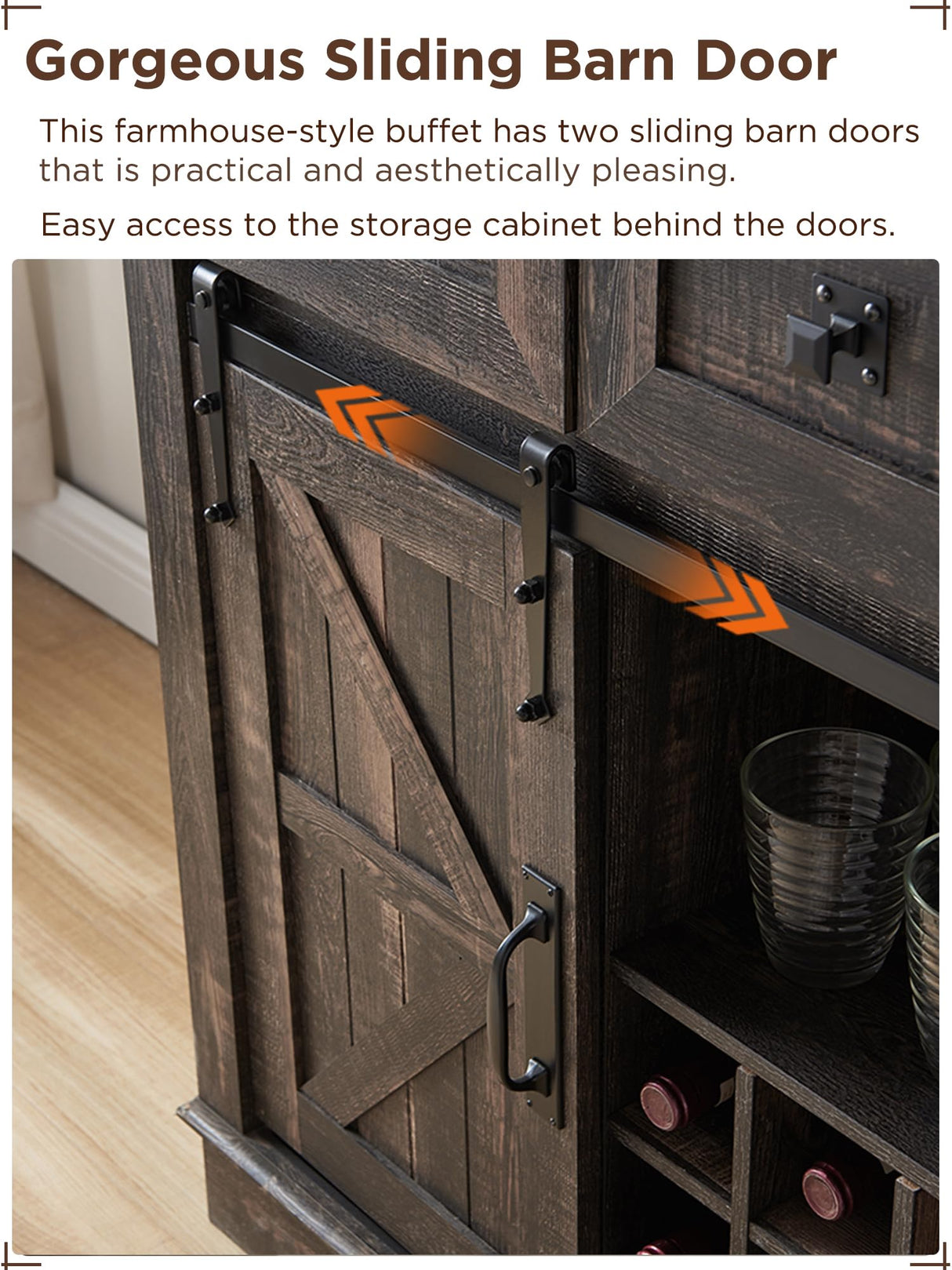 OKD 72" Farmhosue Bar Cabinet with Sliding Barn Door, Large Kitchen Buffet with Hutch w/Wine & Glasses Rack, 3 Drawers, 12 Storage Shelves, Rustic Coffee Bar Sideboard Table, Dark Rustic Oak OKD