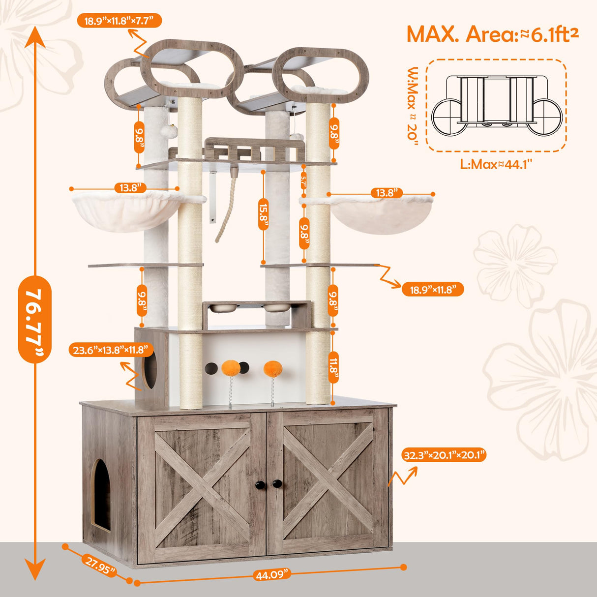 Heybly Cat Tree with Litter Box Enclosure, 76.8-inch Wooden mainecoons Cat Tower with Food Station,Extra Large Platforms, Modern Big Cat Condo Furniture with All-sisal Scratching Post, Greige HCT111SG Heybly