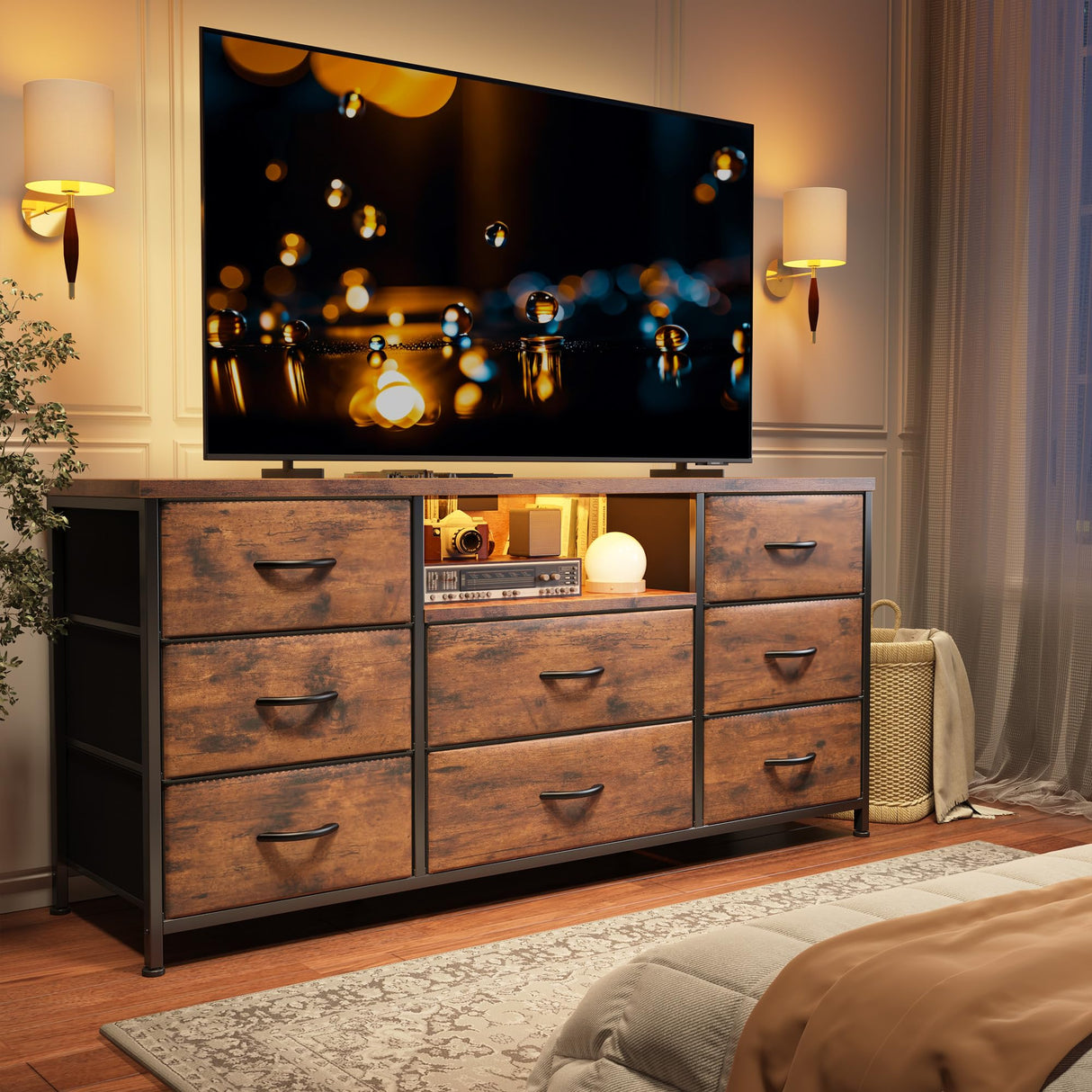 EnHomee Dresser for Bedroom with Power Outlets, 55" TV Stand Dresser with 8 Drawers, Fabric Dressers & Chest of Drawers for Living Room, Entryway, Rustic Brown EnHomee