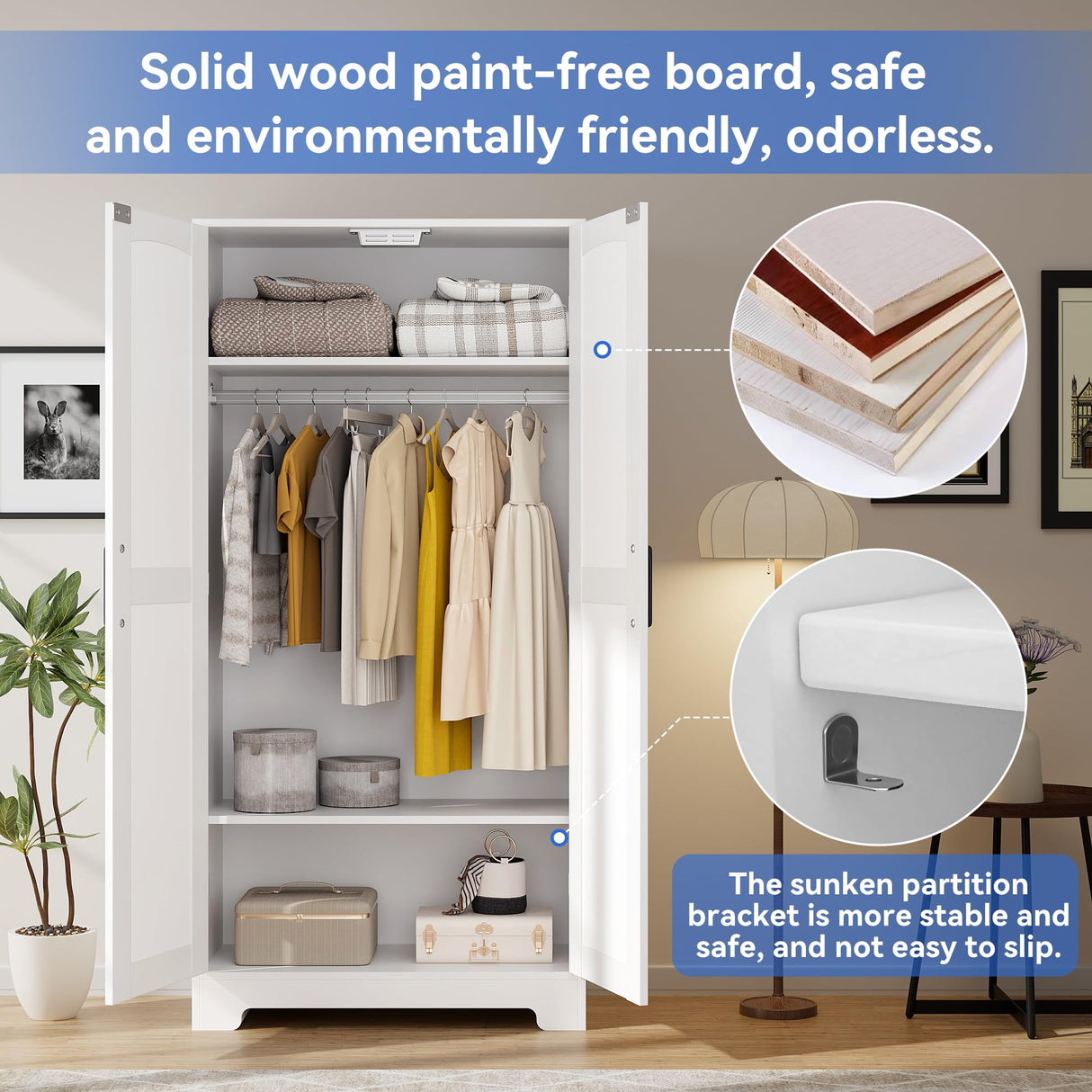 Wooden Armoire Wardrobe Closet, Wardrobe Cabinet with Door and Shelves, Freestanding Bedroom Armoires Clothing Storage Cabinet with Hanging Rod for Bedroom, Laundry Room, Cloak Room(White) Honsiva