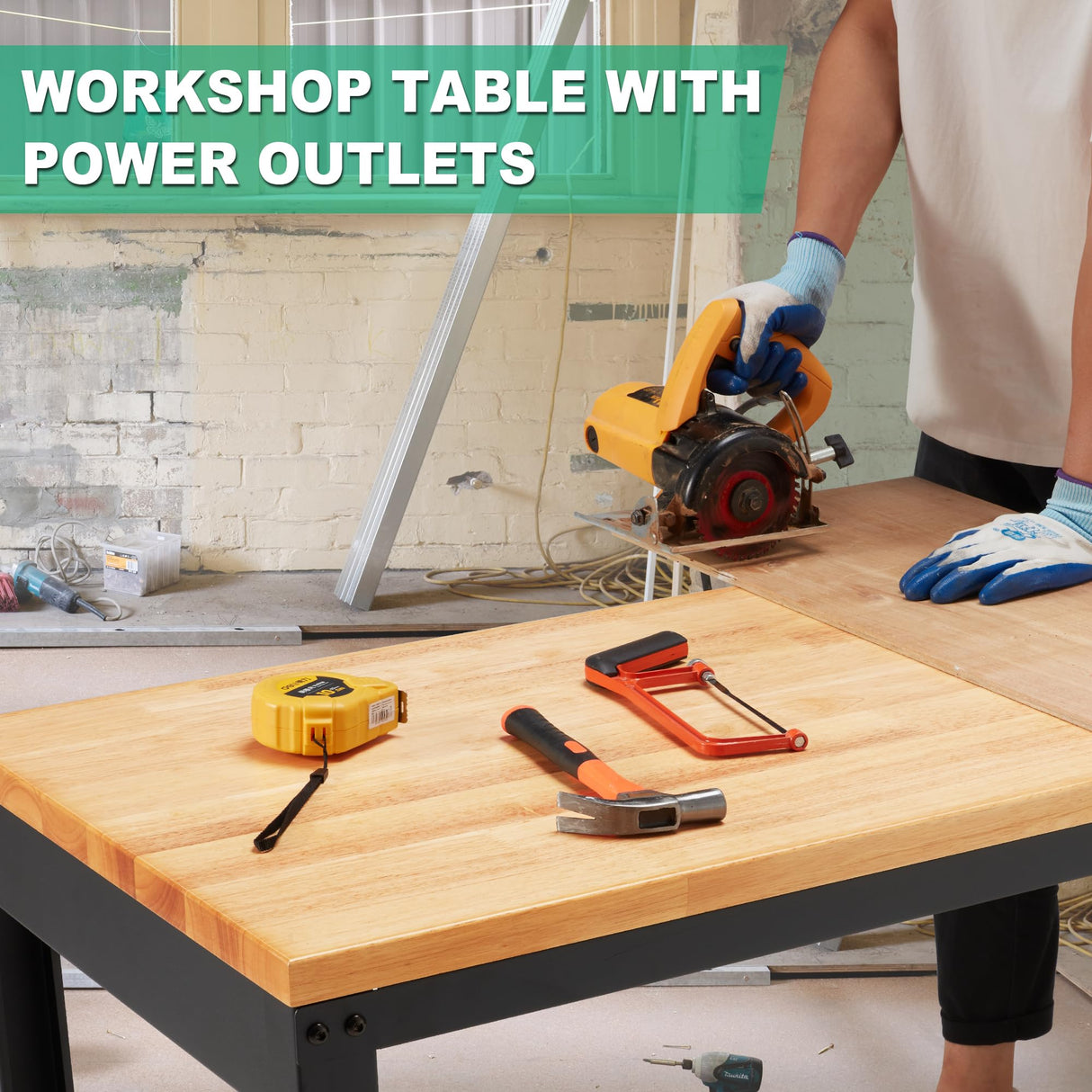 HABUTWAY Height Adjustable Workbench, 60"x20" 2000 Lbs Capacity Solid Wood Work Station Heavy-Duty, with Power Outlets, for Garage Party Shop Office HABUTWAY