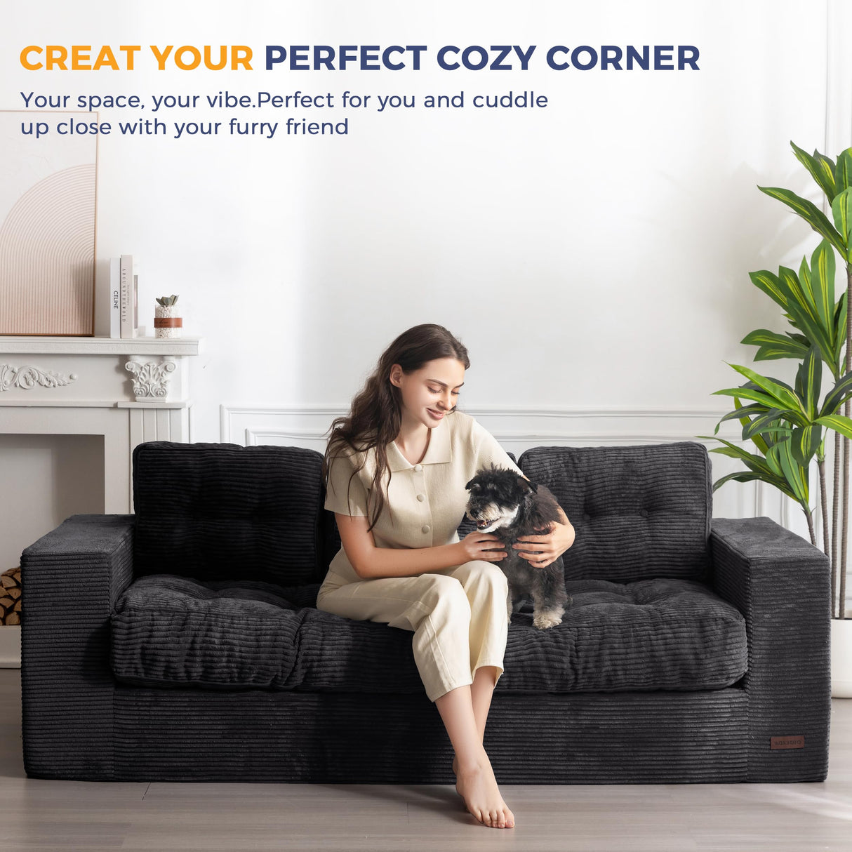 MAXYOYO 3 Seater Couch for Living Room, Boneless Couch with Tufted Cushion & Backrest, Upholstered Floor Sofa, Sofa in A Box, Black MAXYOYO