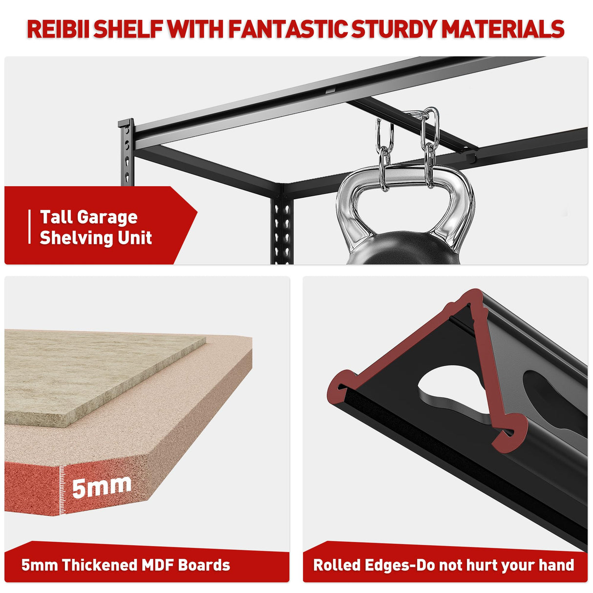 REIBII 2000LBS Garage Shelving Heavy Duty 72''H Storage Shelves Heavy Duty Shelving 5 Tier Metal Shelves, Adjustable Metal Shelving Unit for Basement Pantry 35.5" W x72 H x 15.8" D 3 Pack REIBII