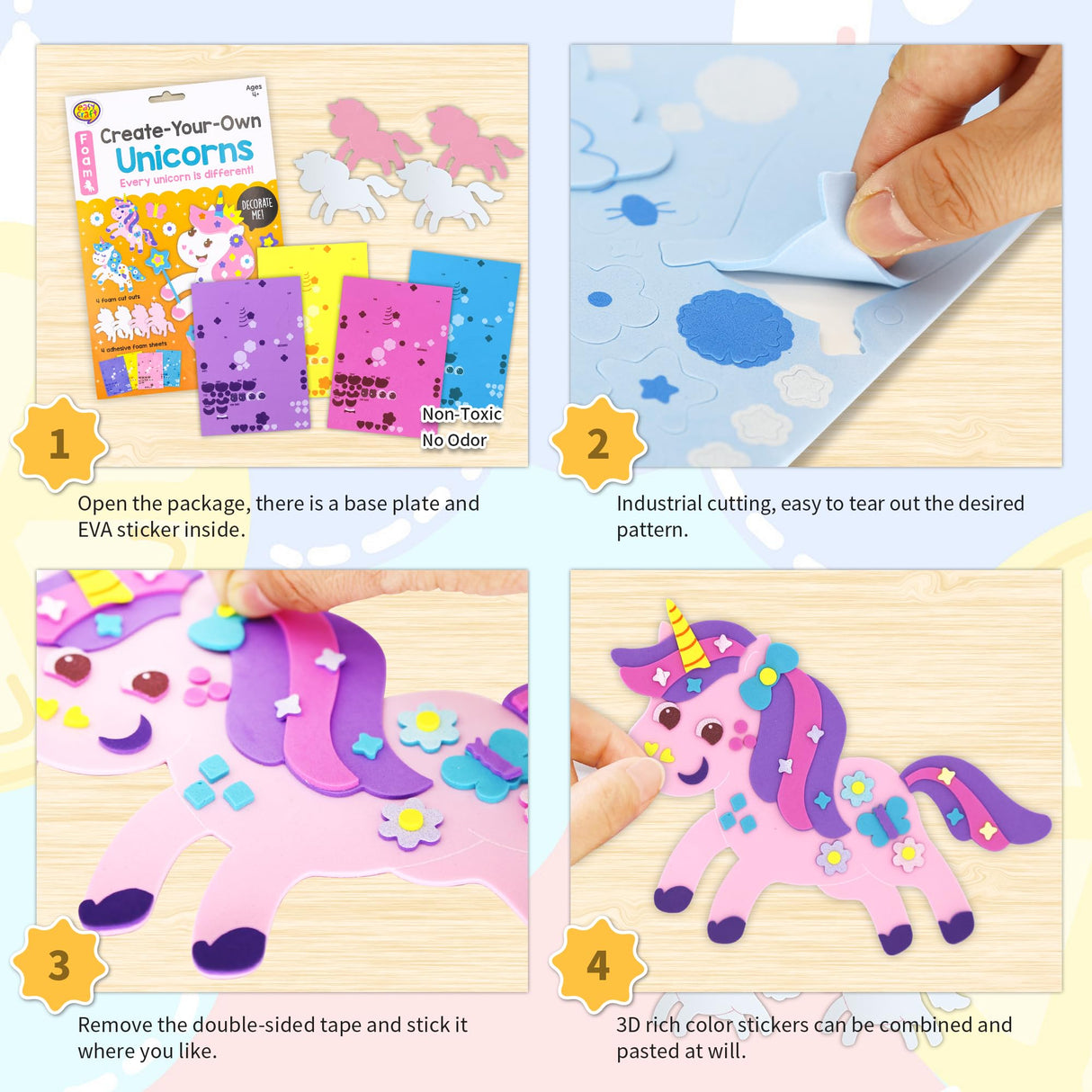 VKPI 4 Pieces EVA Foam Art Crafts Gift Kit, Make Create Your Own Unicorns, Cartoon Foam Paper Craft Projects for Kids Ages 4+ Toddler, Preschool Learning Toy for Birthday Party Favor Supplies VKPI