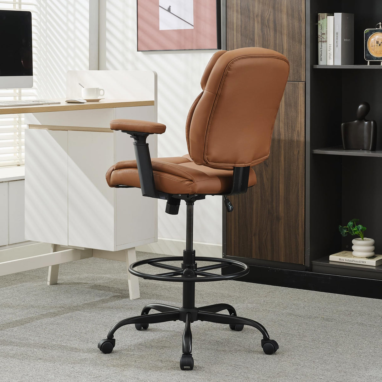 Okeysen Drafting Chair Standing Desk Chair, 500 LBS Leather Big and Tall Office Chair with Adjustable Armrests & Foot Ring, Modern Tall Desk Chair with Mid Back, Swivel Rolling Drafting Stool. Okeysen