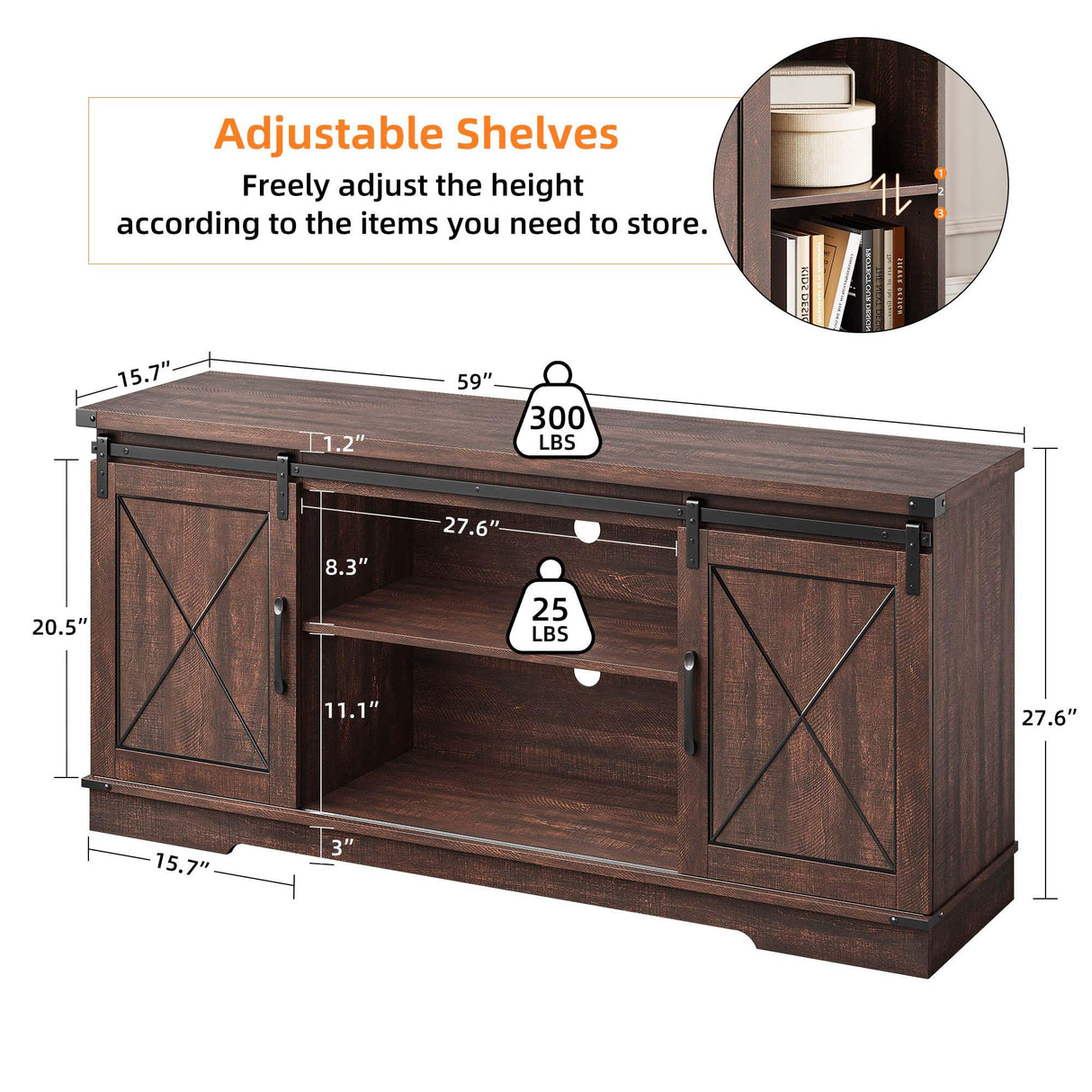 CABIHOME Farmhouse TV Stand and Entertainment Center for TV Up to 65 Inches with Sliding Barn Doors and Adjustable Shelf, TV Media Storage Console Table and Furniture for Living Room, Bedroom, Brown CABIHOME