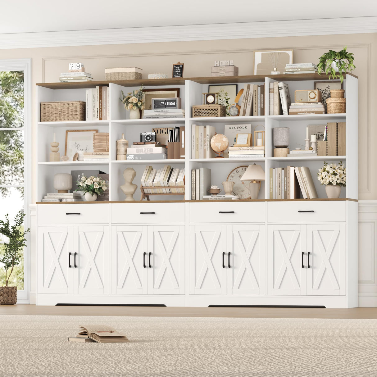 HOSTACK 69" Tall Book Shelf and Bookcase, 47" Wide Bookshelf with Doors and Drawers, 6 Tier Large Wood Bookcases with Storage Cabinet, Modern Farmhouse Display Shelf for Living Room, Office, White HOSTACK