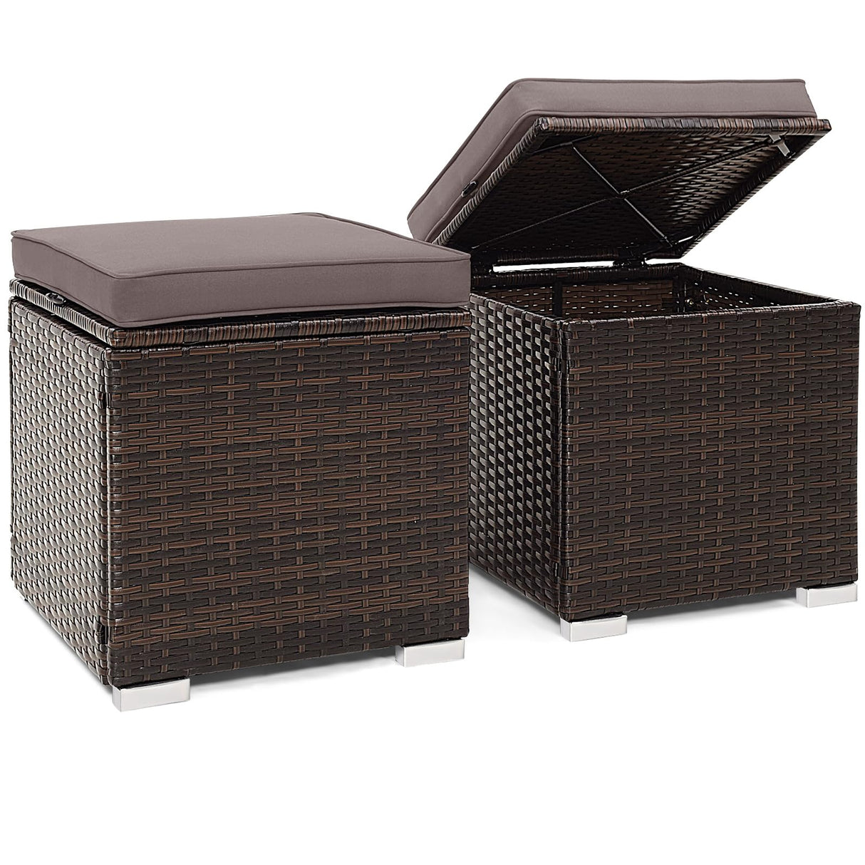 Tangkula 2 Pieces Patio Ottomans, Patiojoy Hand-Woven PE Rattan Side Table with Removable Cushion & Hidden Storage Space, Multifunctional Storage Box, Seats for Patio, Backyard, Poolside (Grey) Tangkula