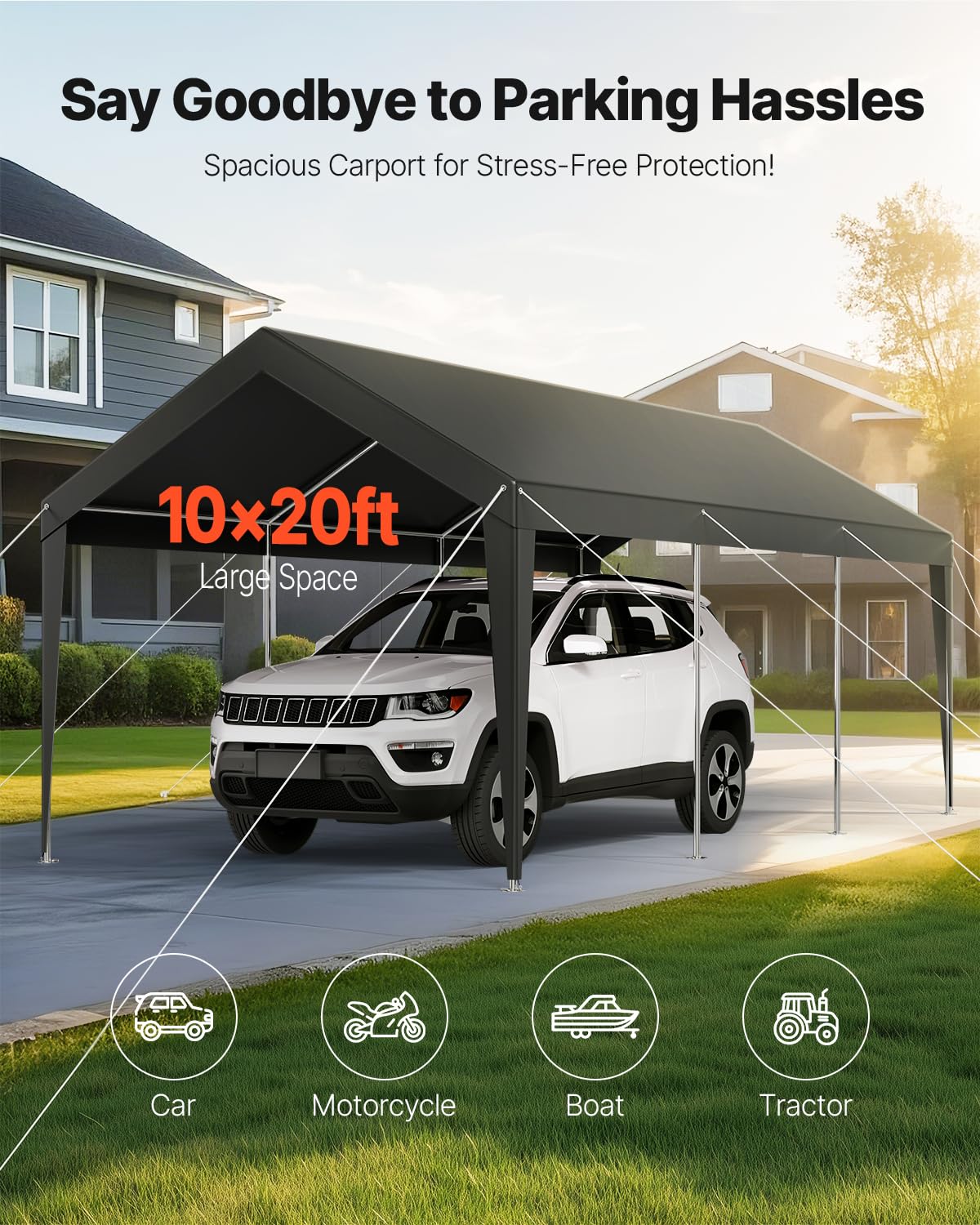 VEVOR Carport, 10 x 20 FT Outdoor Car Canopy, Potable Carport, Heavy Duty Galvanized Car Shelter, UV-Resistant & Water-Resistant, All-Season Protection, Storage Shed for Car Boat Motorcycle Grey VEVOR