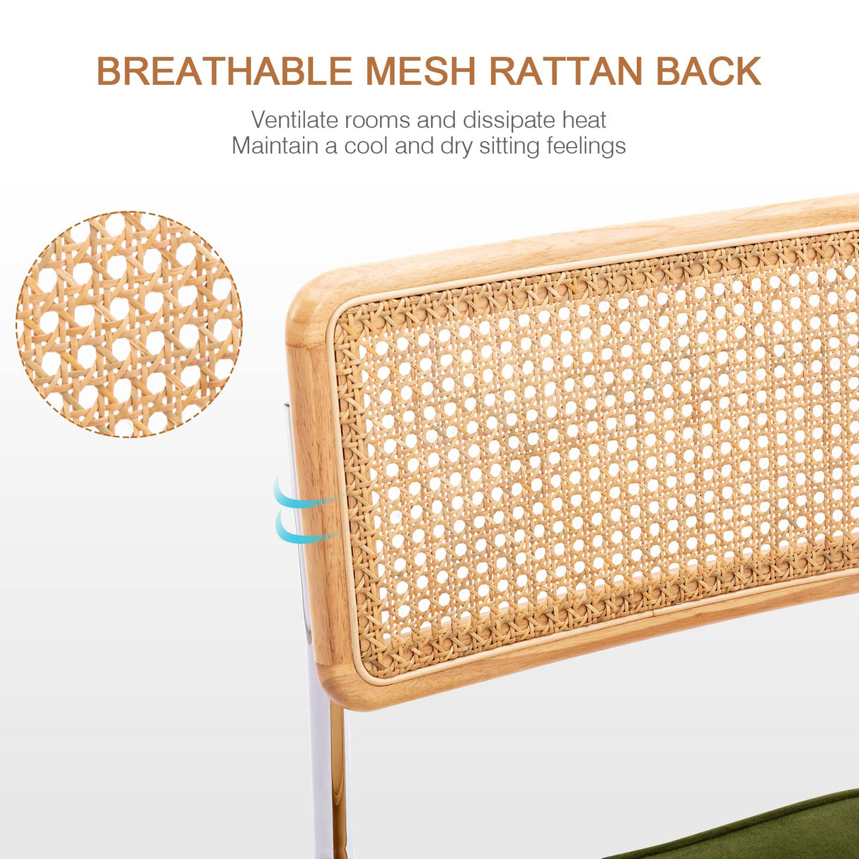 Zesthouse Dining Chairs Set of 4, Velvet Accent Chairs with Natural Cane Back & Stainless Chrome Base, Modern Mid Century Breuer Designed Chairs, Upholstered Rattan Dining Room Kitchen Chairs Zesthouse