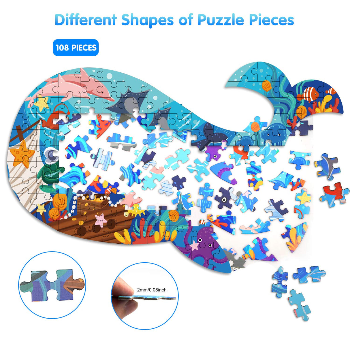 Jigsaw Puzzles for Kids Ages 4-8, 108 Pieces Whale Shaped Cardboard Puzzles for Animal Lovers, Sturdy Floor Puzzles Box and Poster, Educational Toys Gift for Boys Girls, 23.38 x 14.72 Inch AivaToba