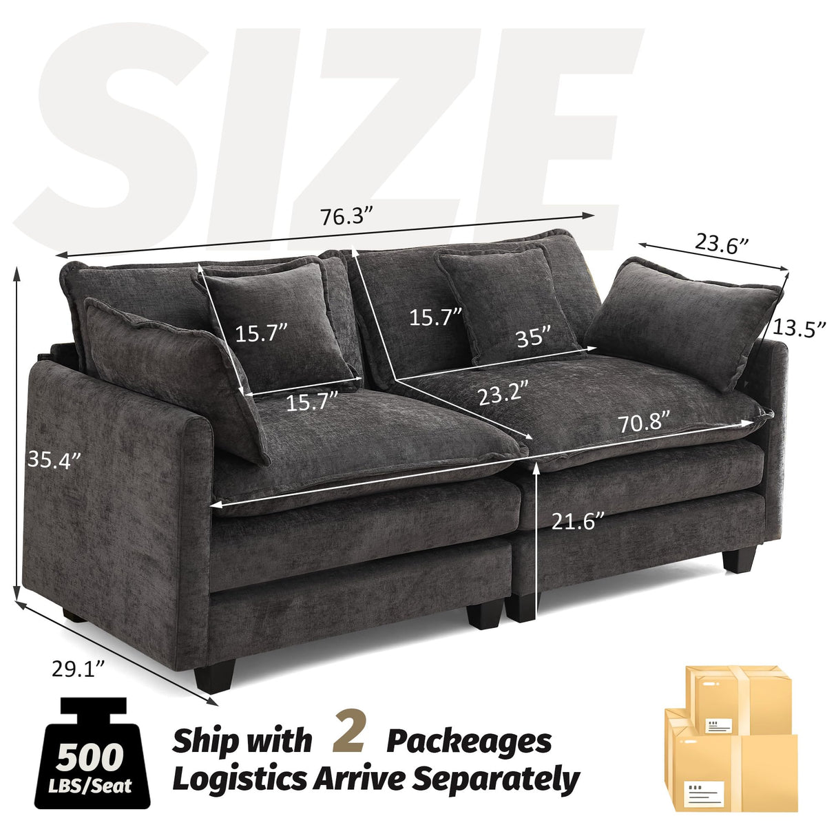 76'' Cloud Deep Seat Loveseat, Upholstered Chenille Modular 2-Seats Sectional Sofa Couch, Modern Comfy Settee Loveseat for Living Room Set, Small Apartment, Dark Grey WUTUTUEE